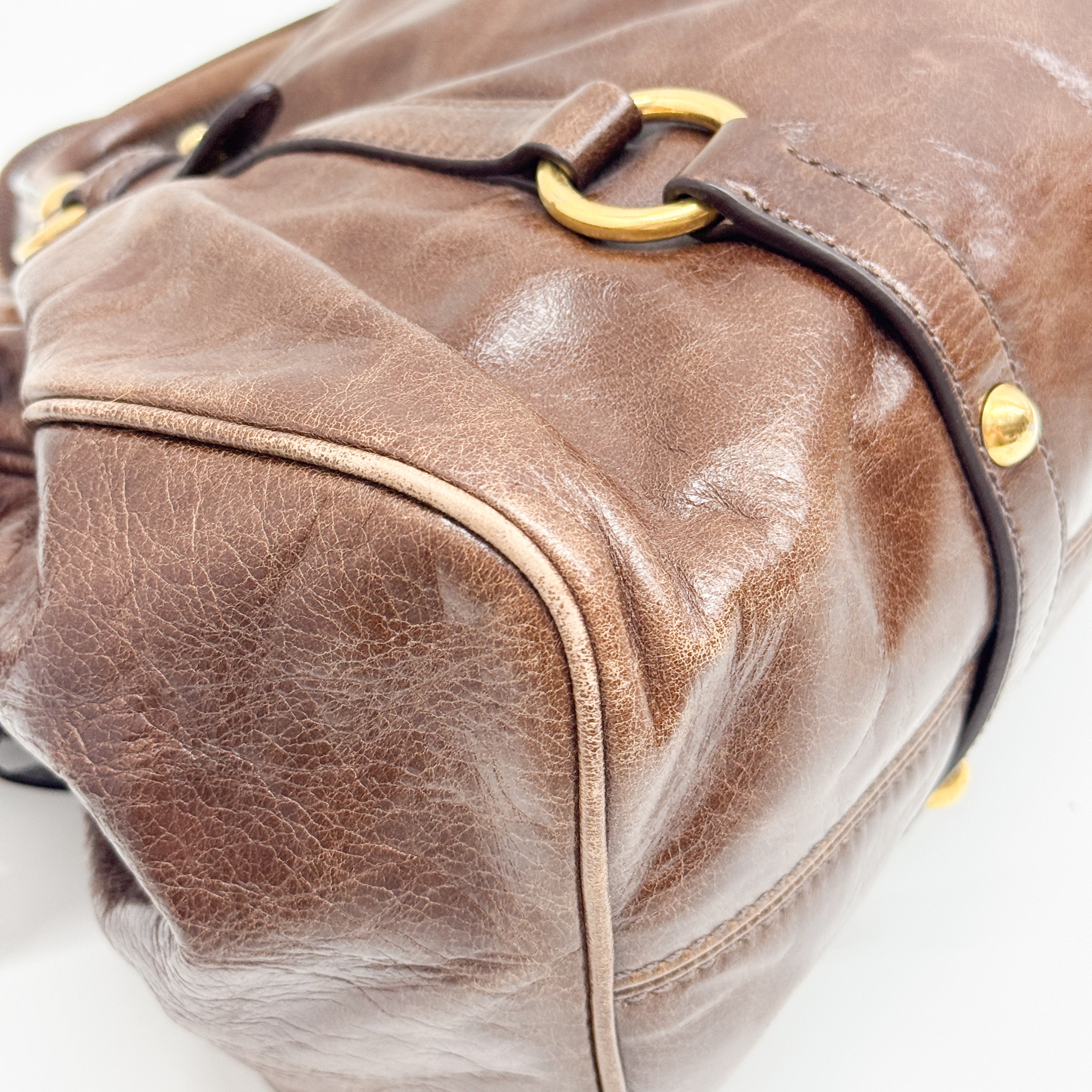 Vitello Lux Bow Brown Calfskin Leather Hand Bag