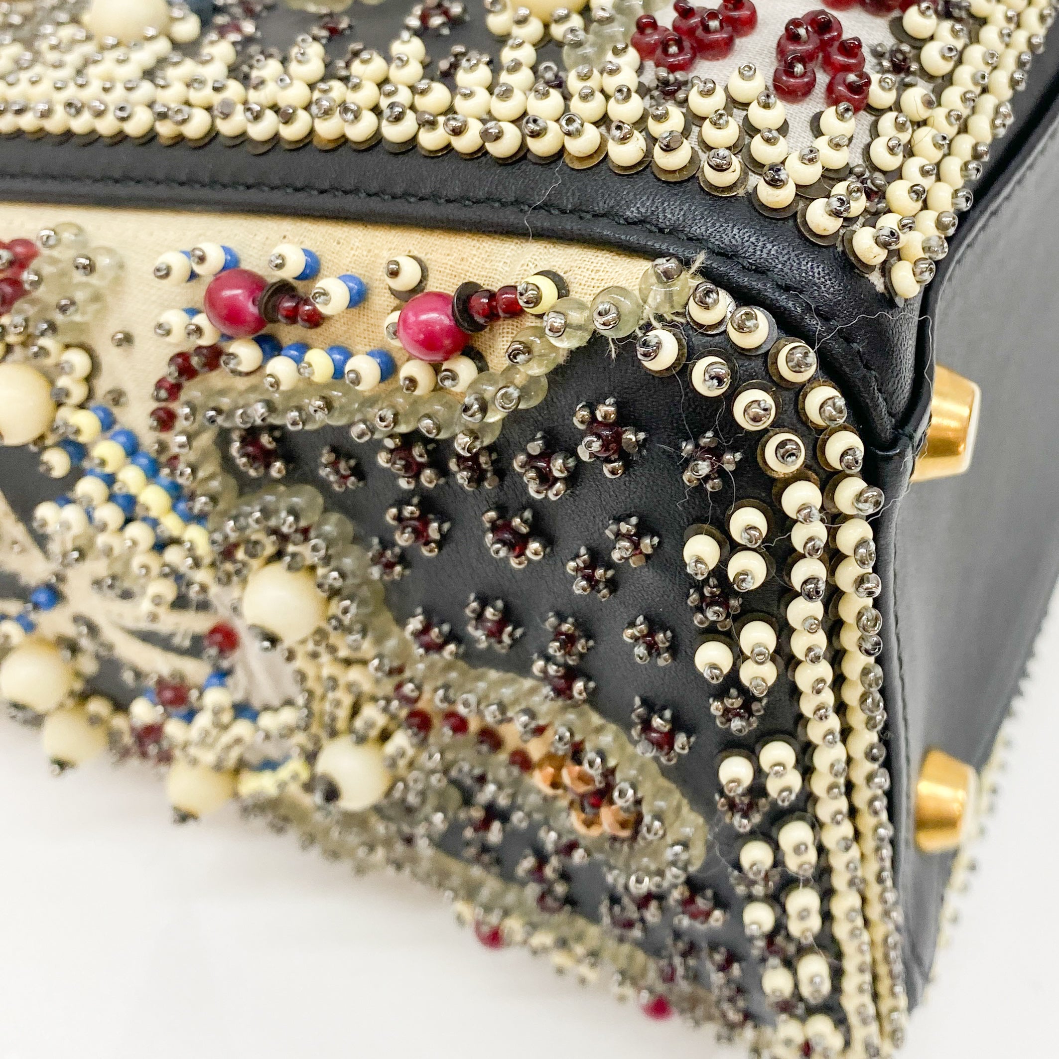 Lady Dior Black Leather Embroided Beads Bag