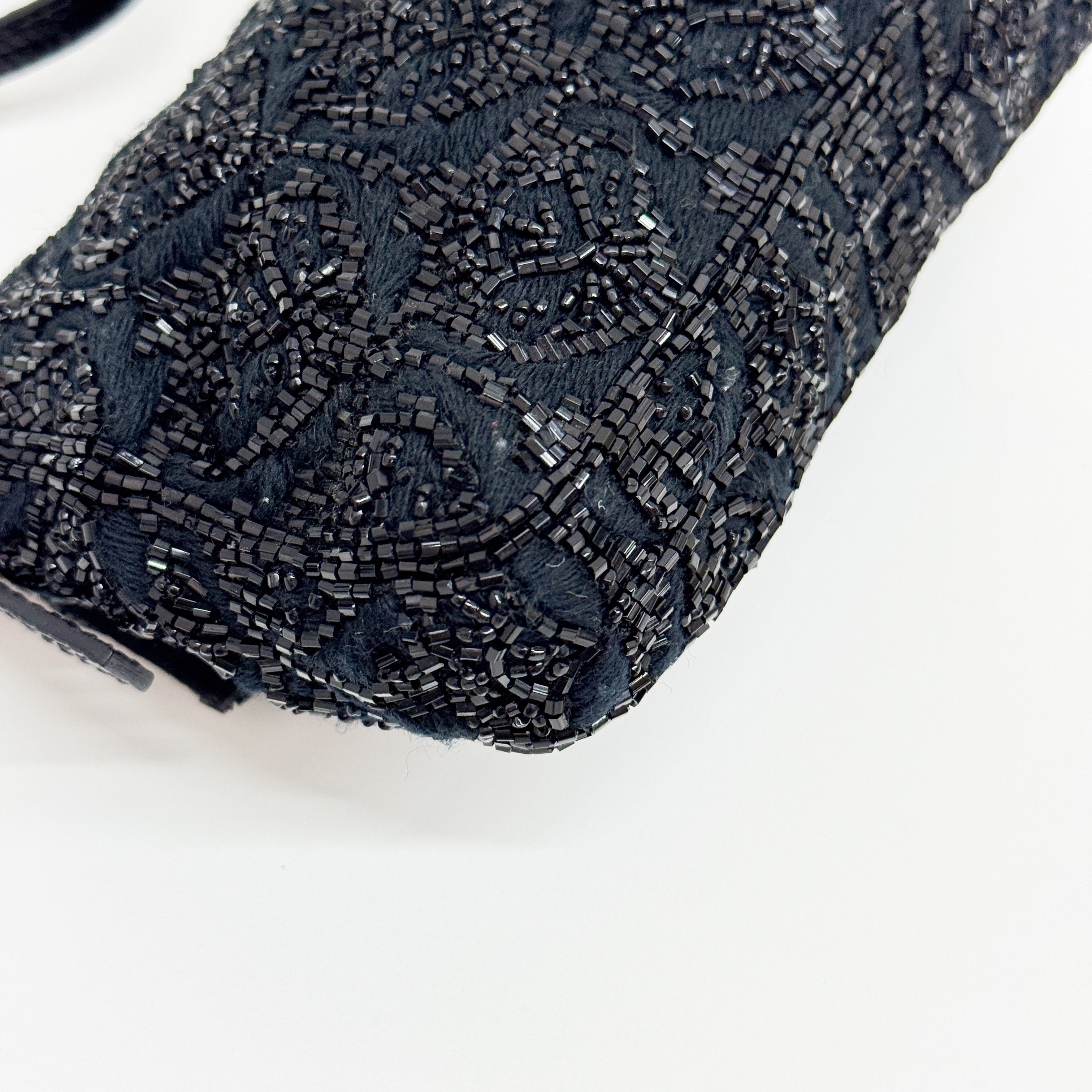 Mini Baguette Rhinestone Hardware Black Beaded Shoulder Bag