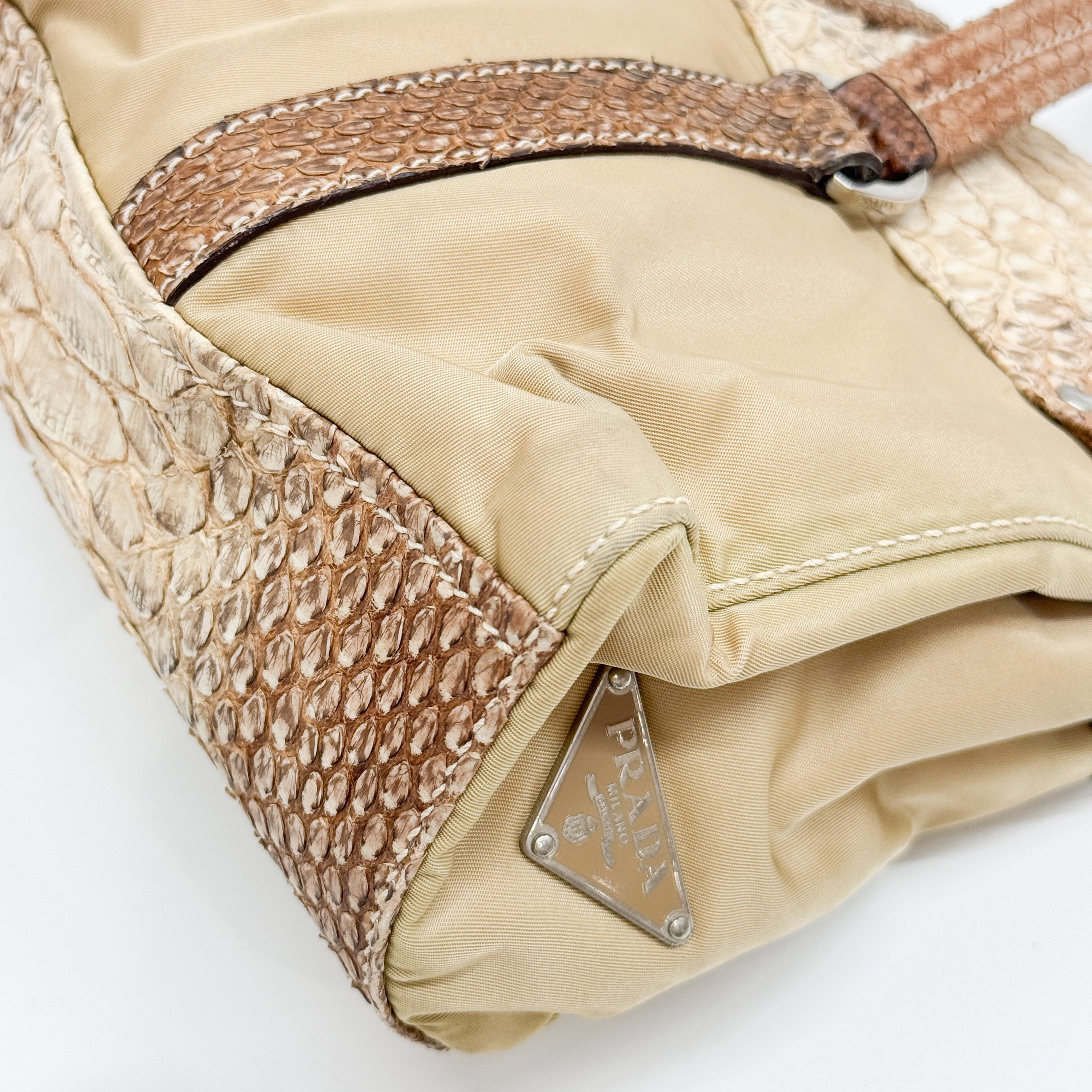 Python Embossed Beige Nylon Shoulder Bag