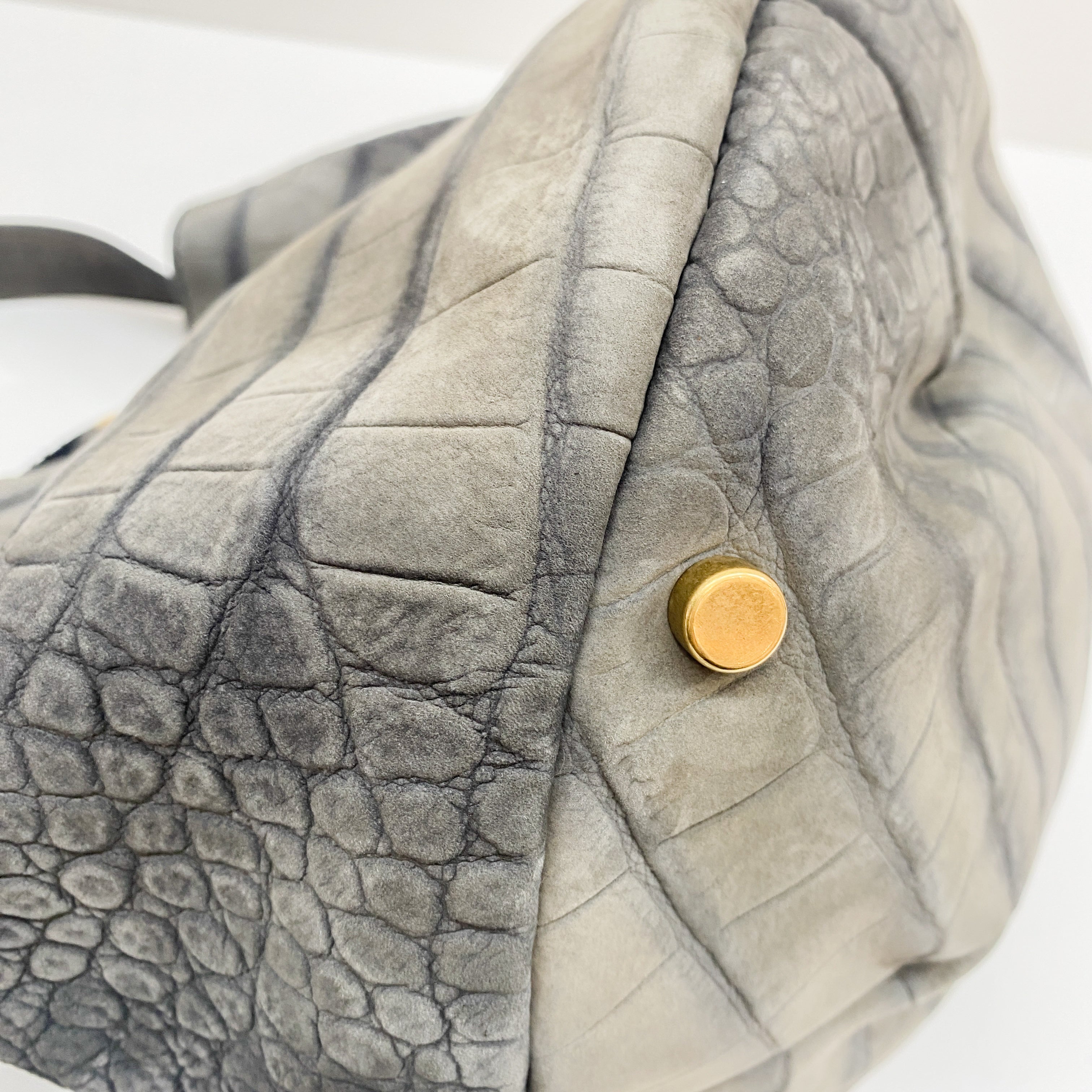 Grey Crocodile Embossed Nubuck Leather Hobo Bag