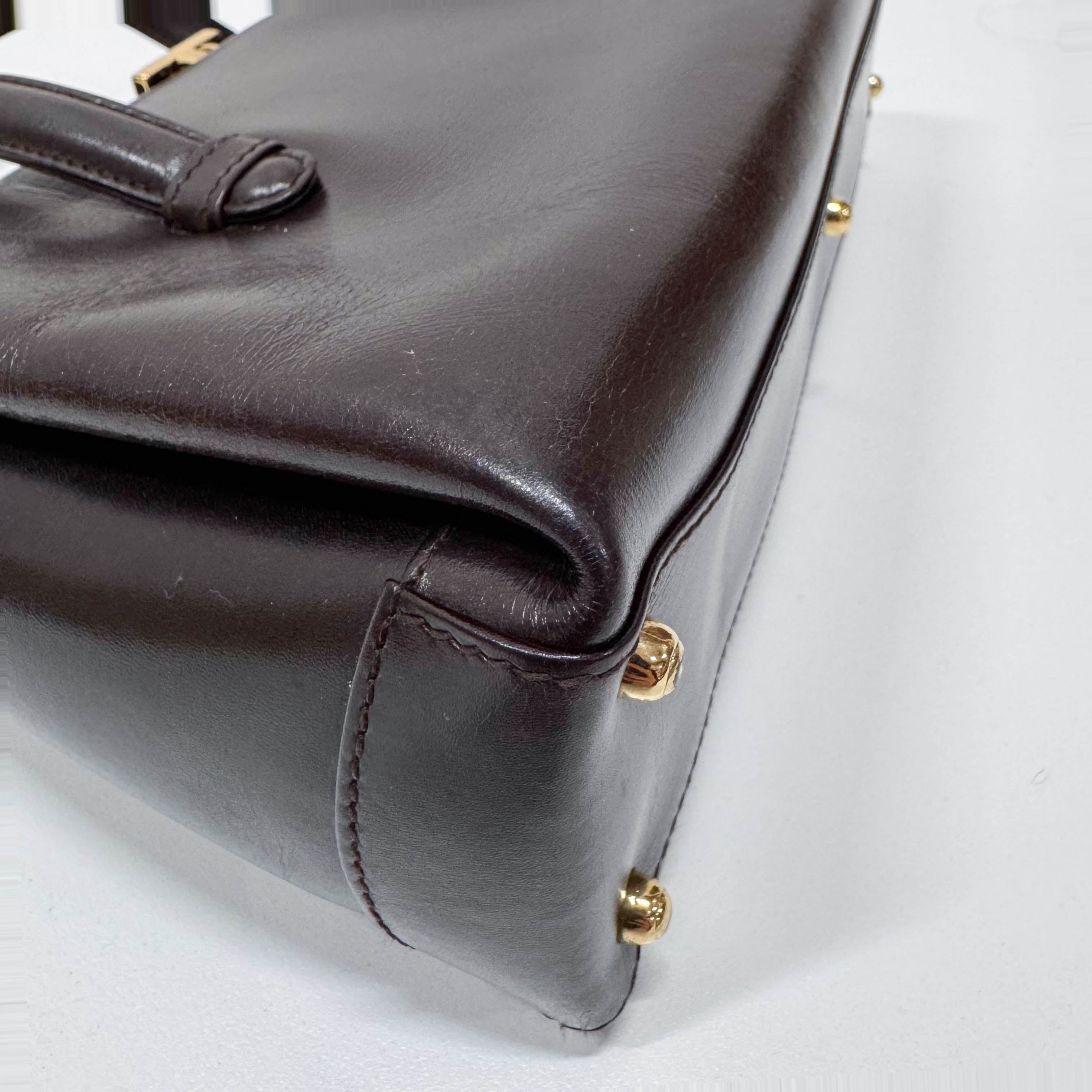 G Buckle Top Brown Leather Handbag