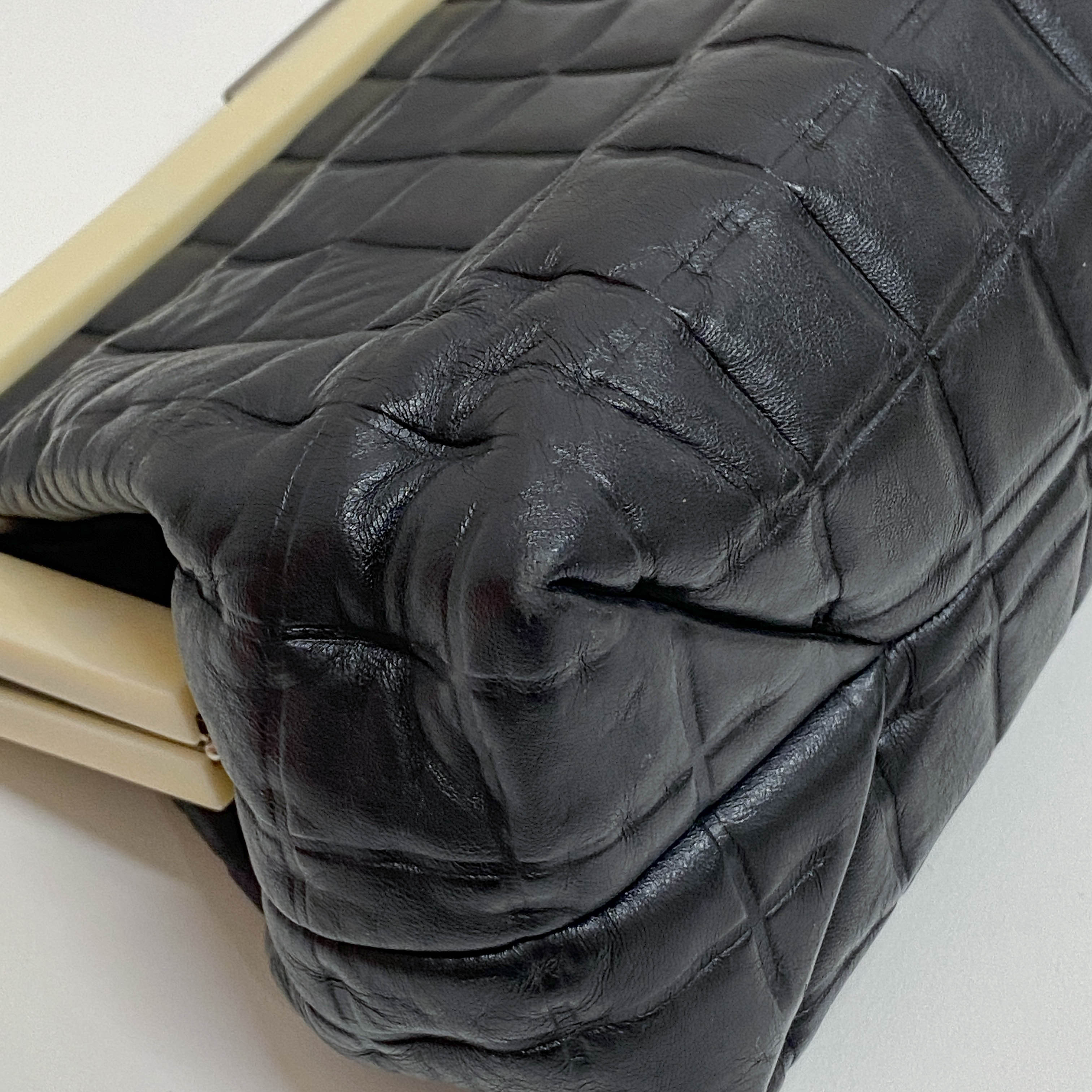 Vintage Chocolate Bar Black Quilted Lambskin Shoulder Bag
