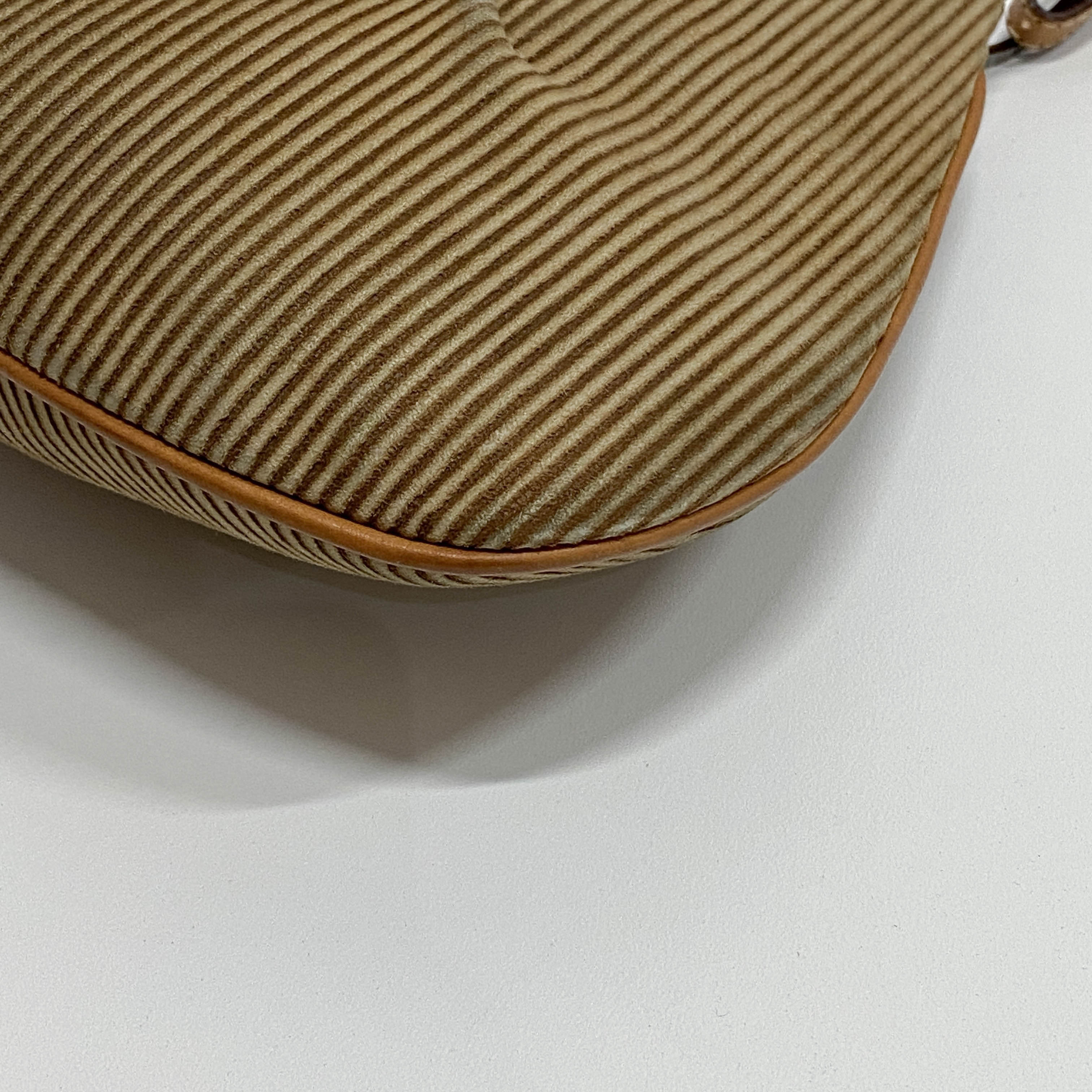 Beige Striped Suede Hobo Shoulder Bag