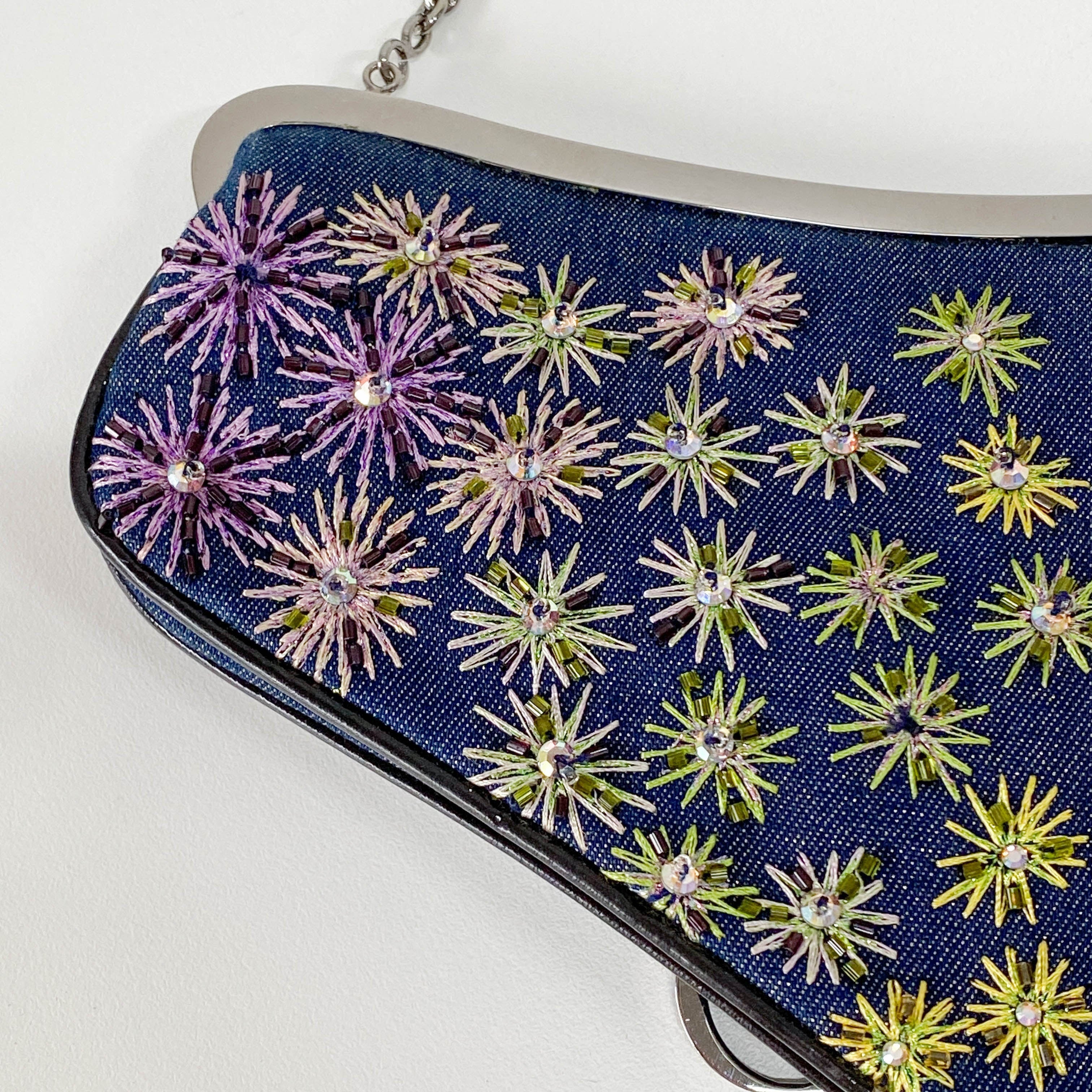 Saddle Denim Bead Embroidery Mini Chain Handle Bag