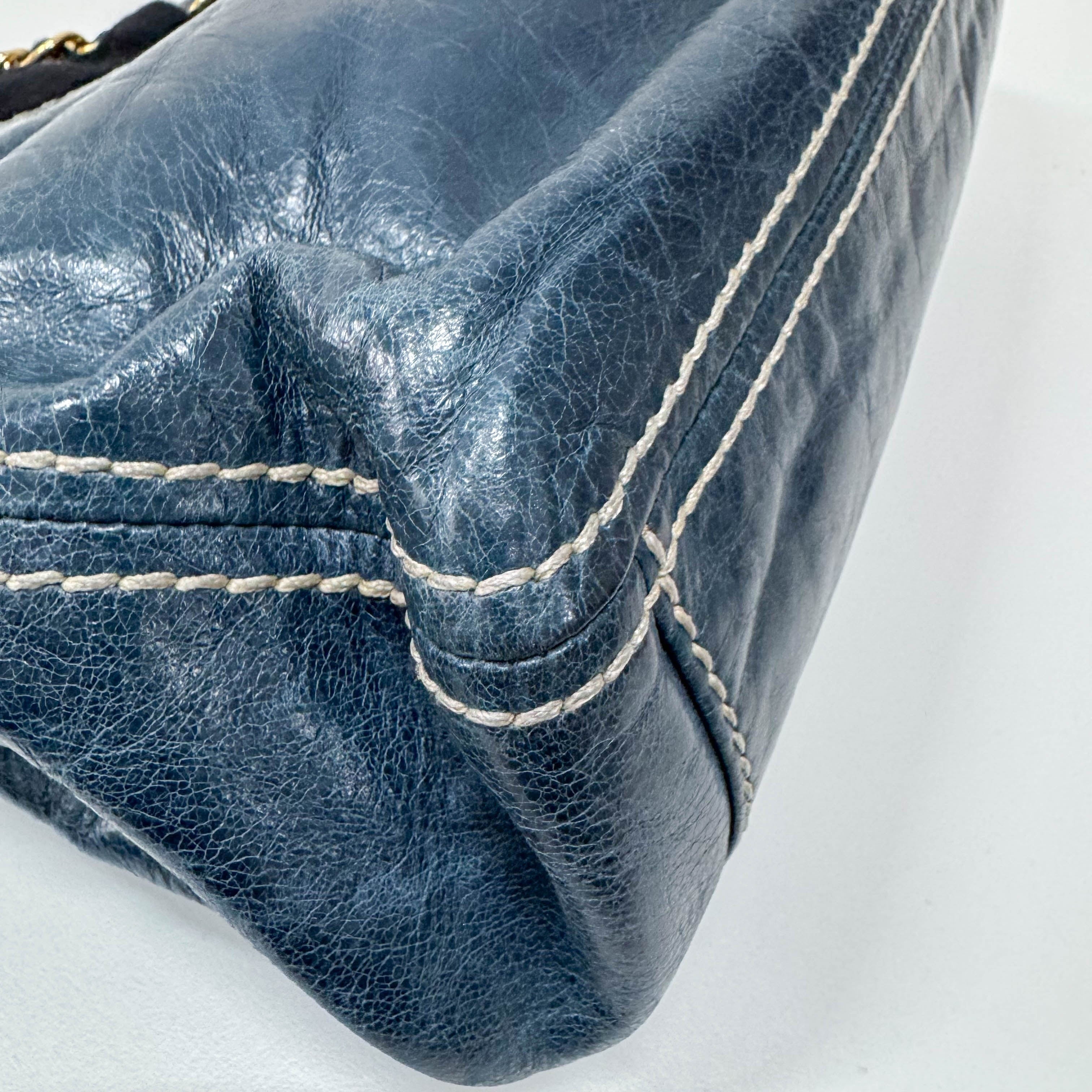 Blue Calfskin Leather Shoulder Bag