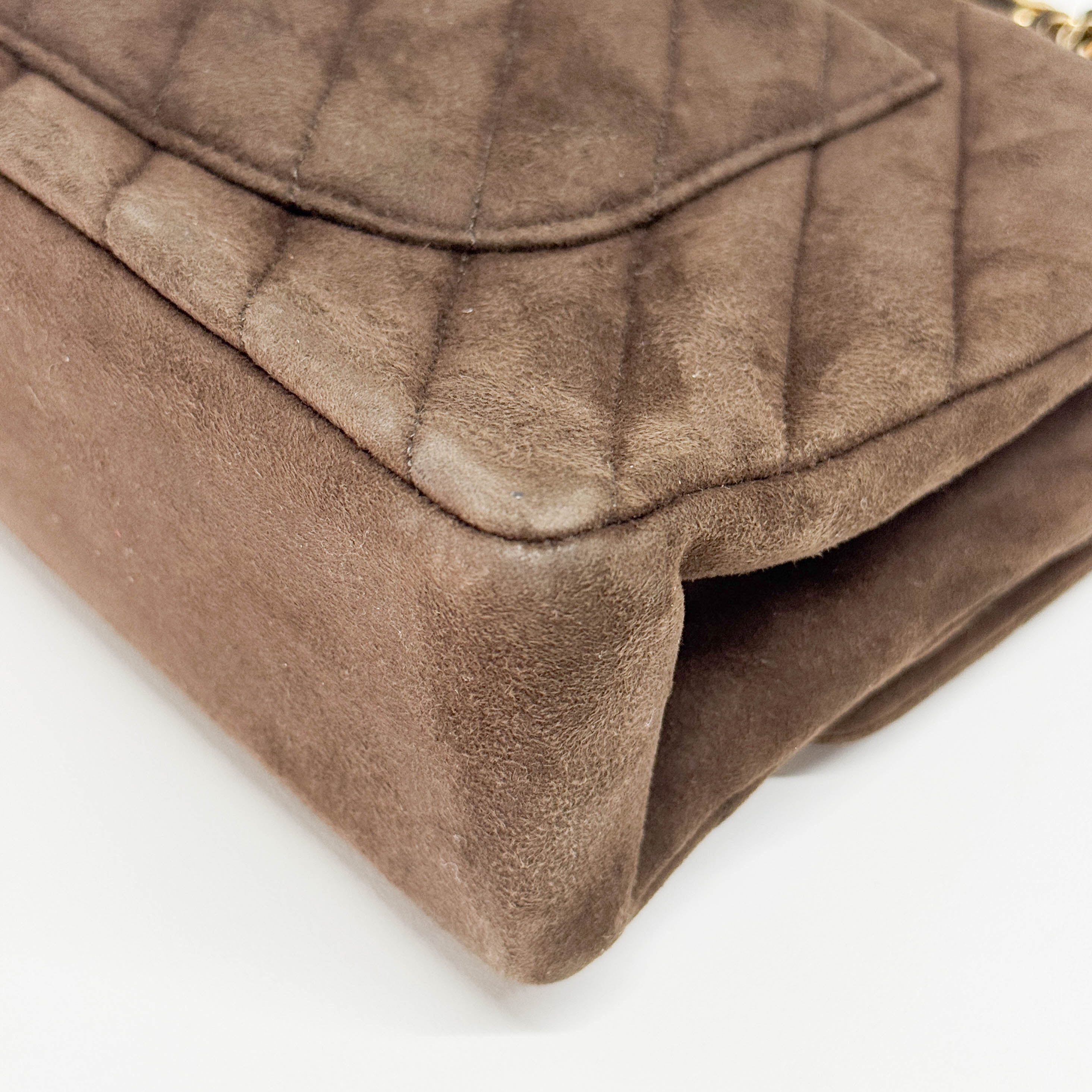 Double Flap Brown V Stitch Suede Double Chain Shoulder Bag