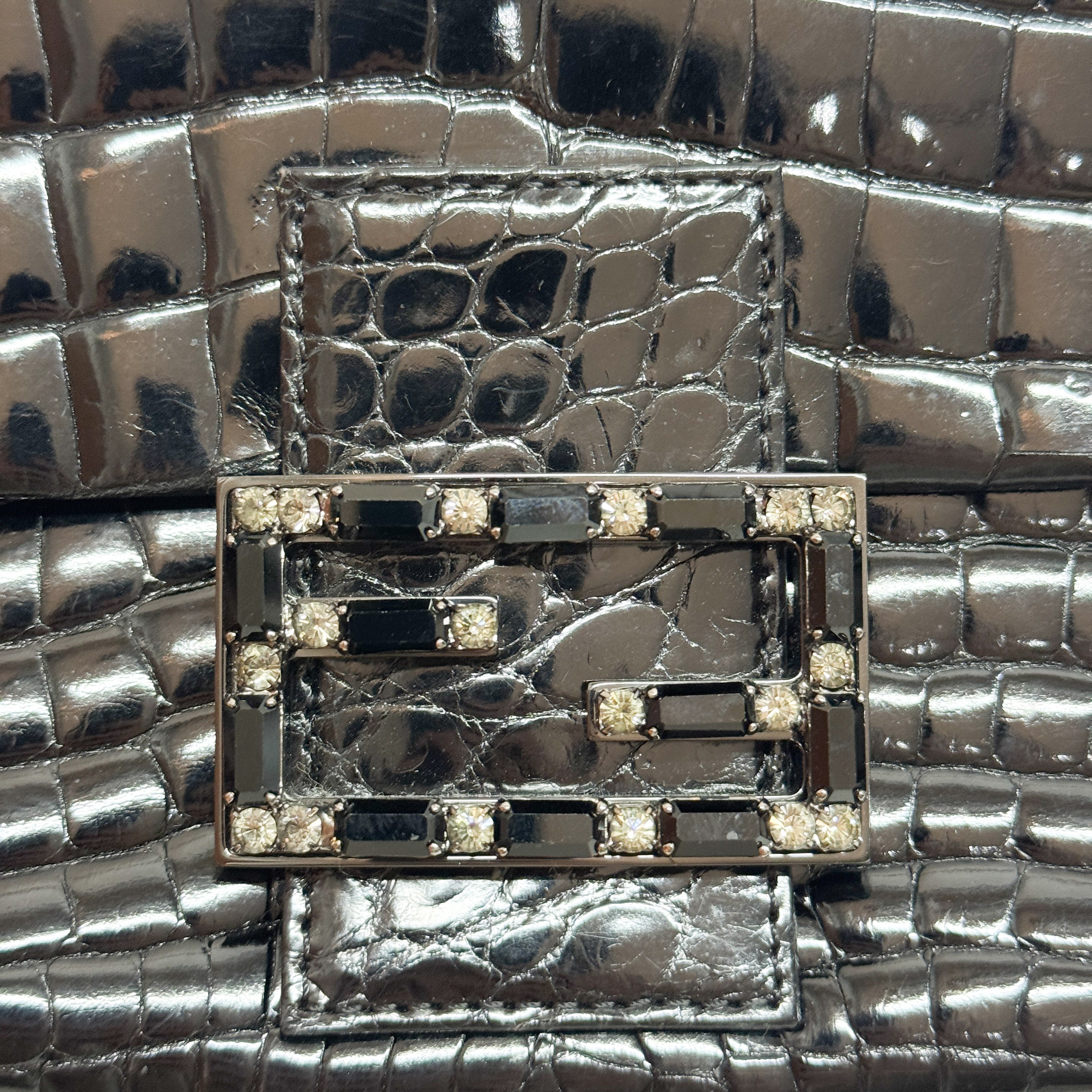 Mini Mamma Baguette Black Crocodile Embossed Shoulder Bag