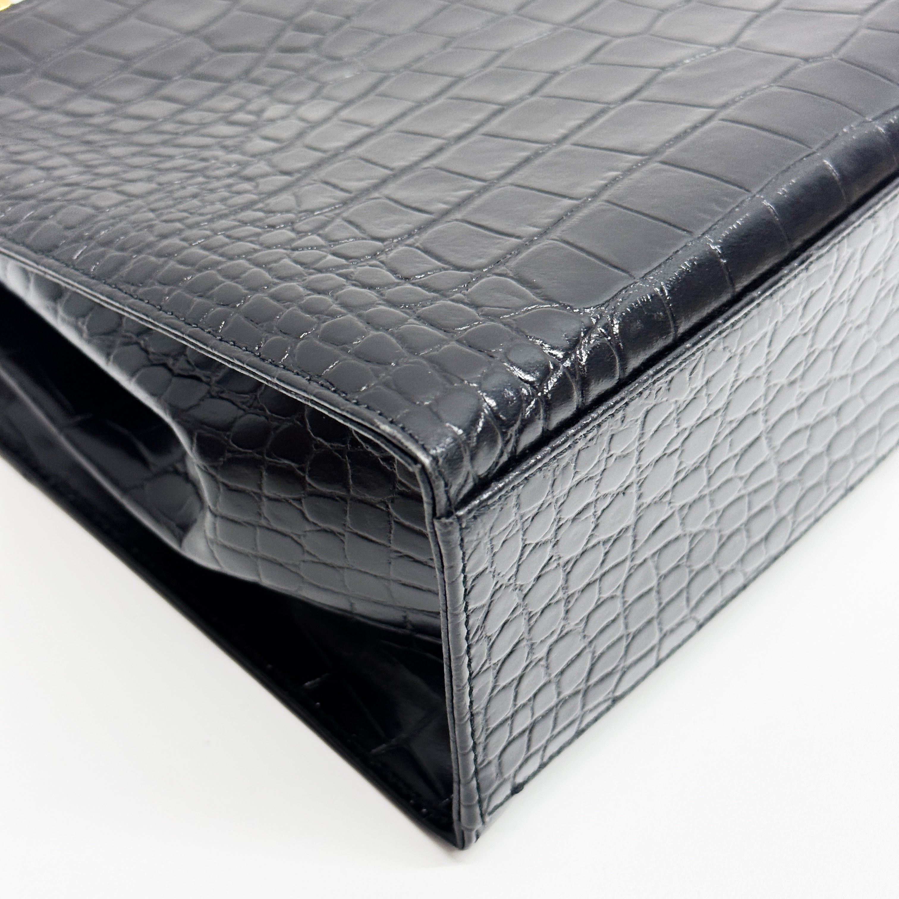 Black Croc Embossed Leather Handbag