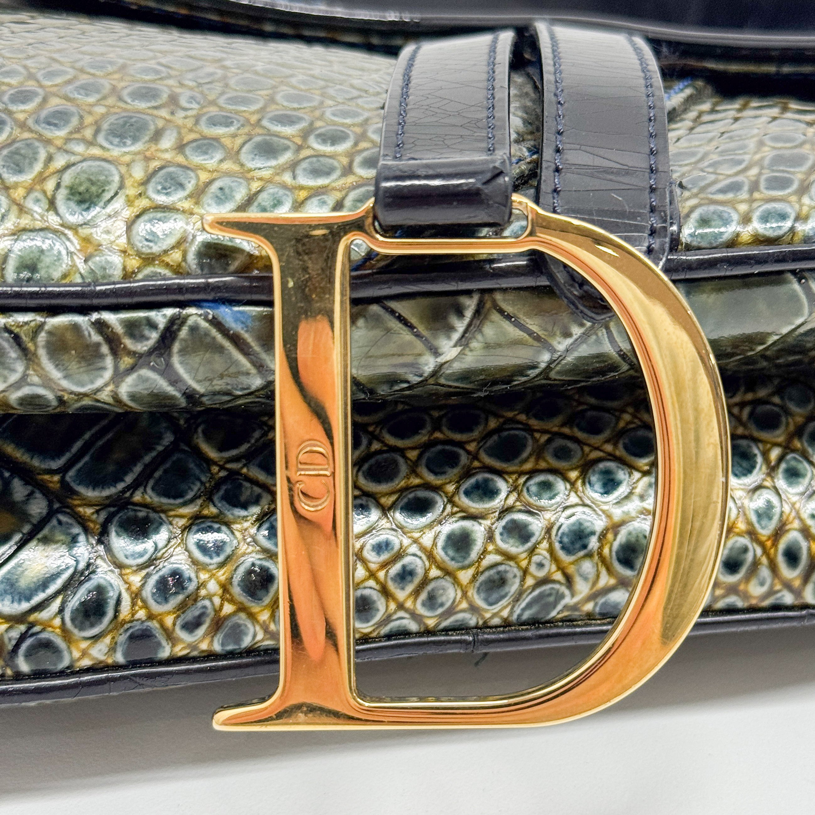 Saddle Olive-Brown Crocodile Embossed Leather Shoulder Bag