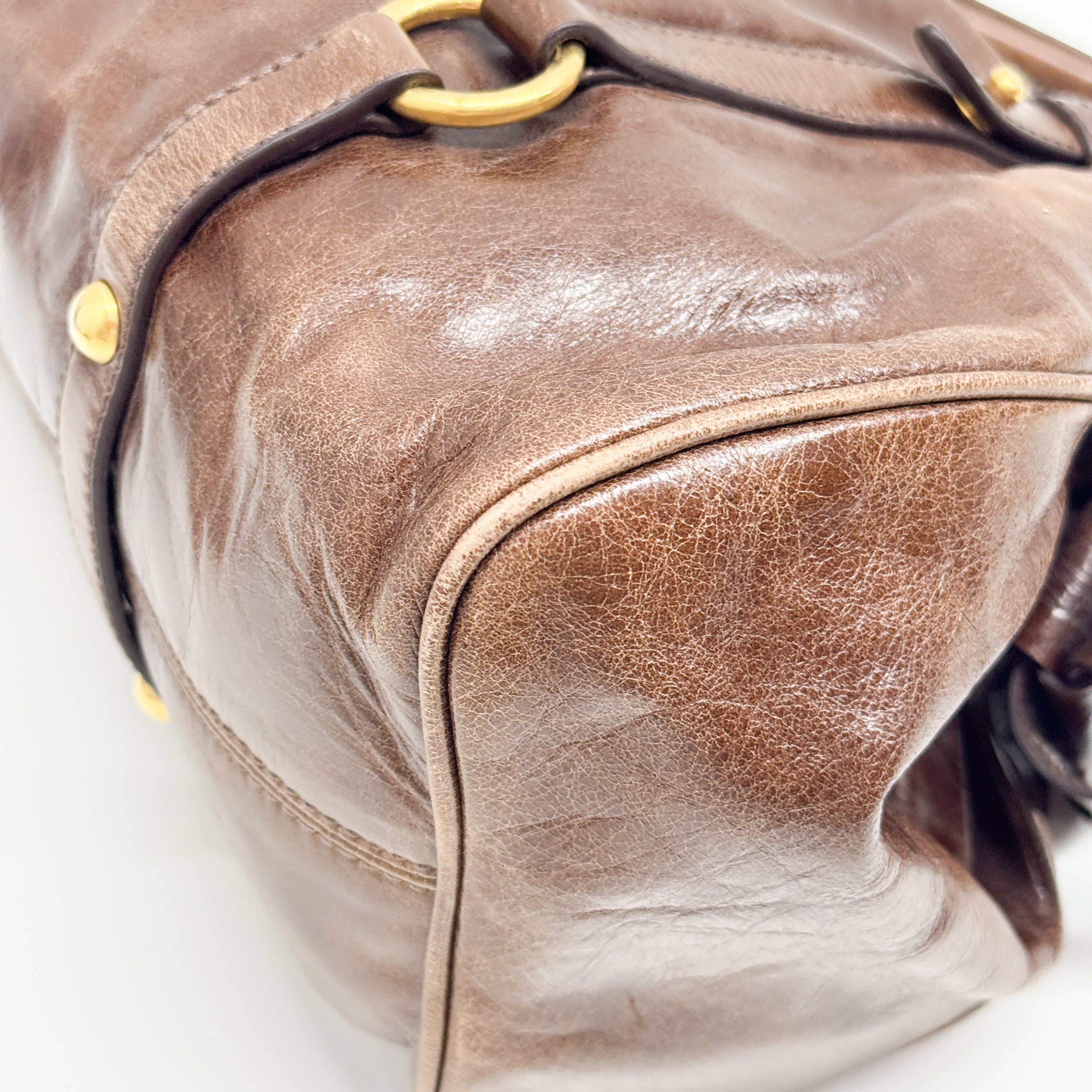 Vitello Lux Bow Brown Calfskin Leather Hand Bag