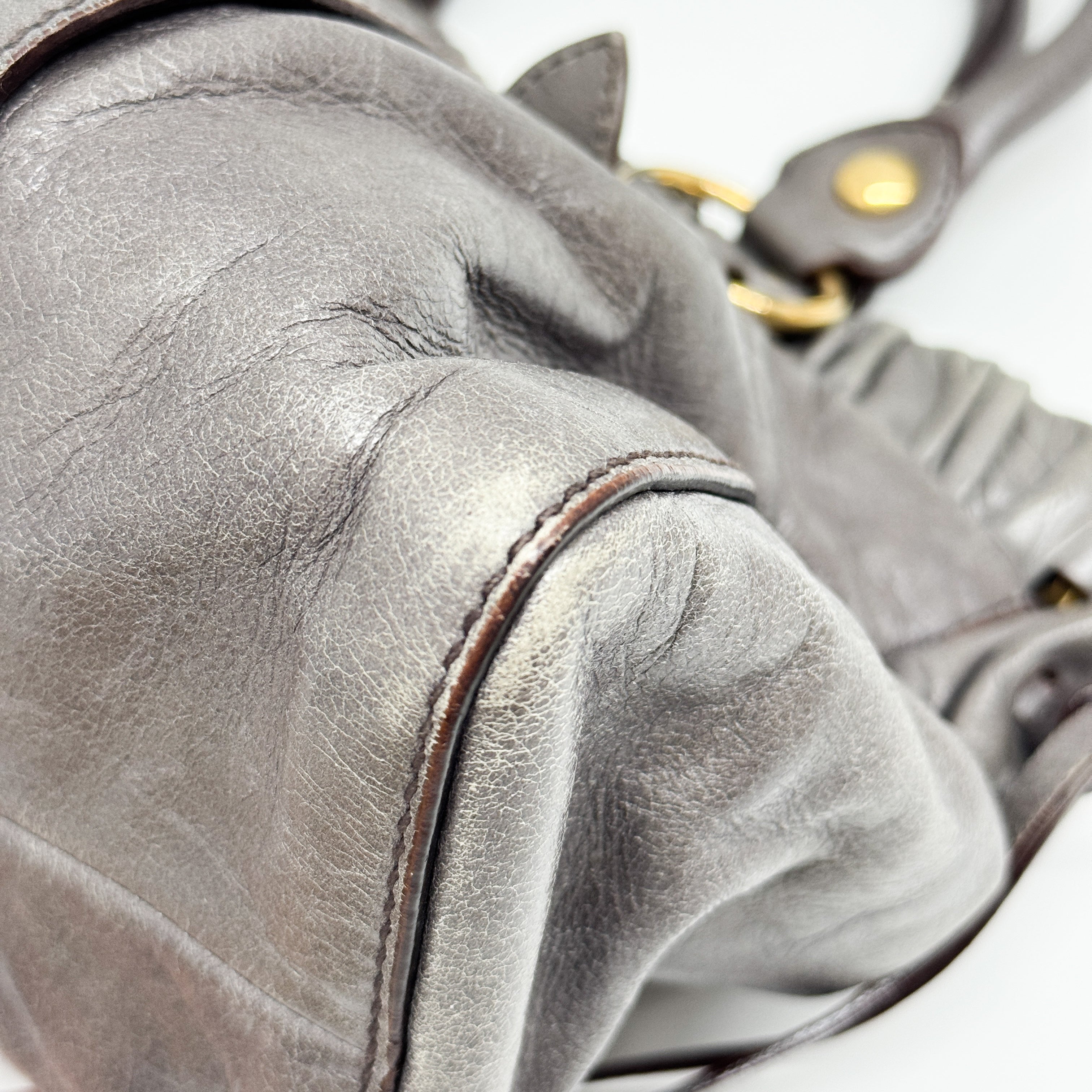 Vitello Grey Calfskin Leather Two Way Bag