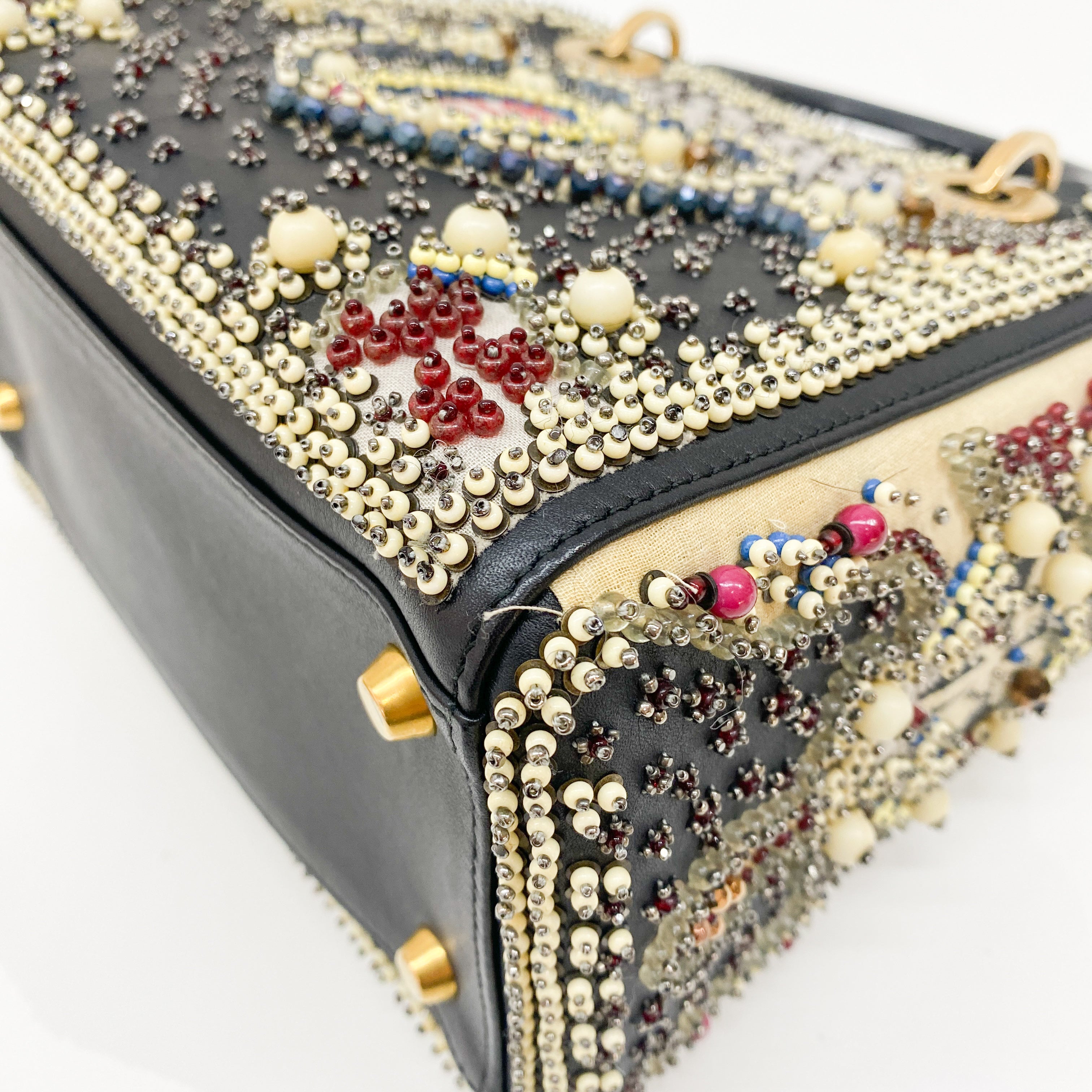 Lady Dior Black Leather Embroided Beads Bag