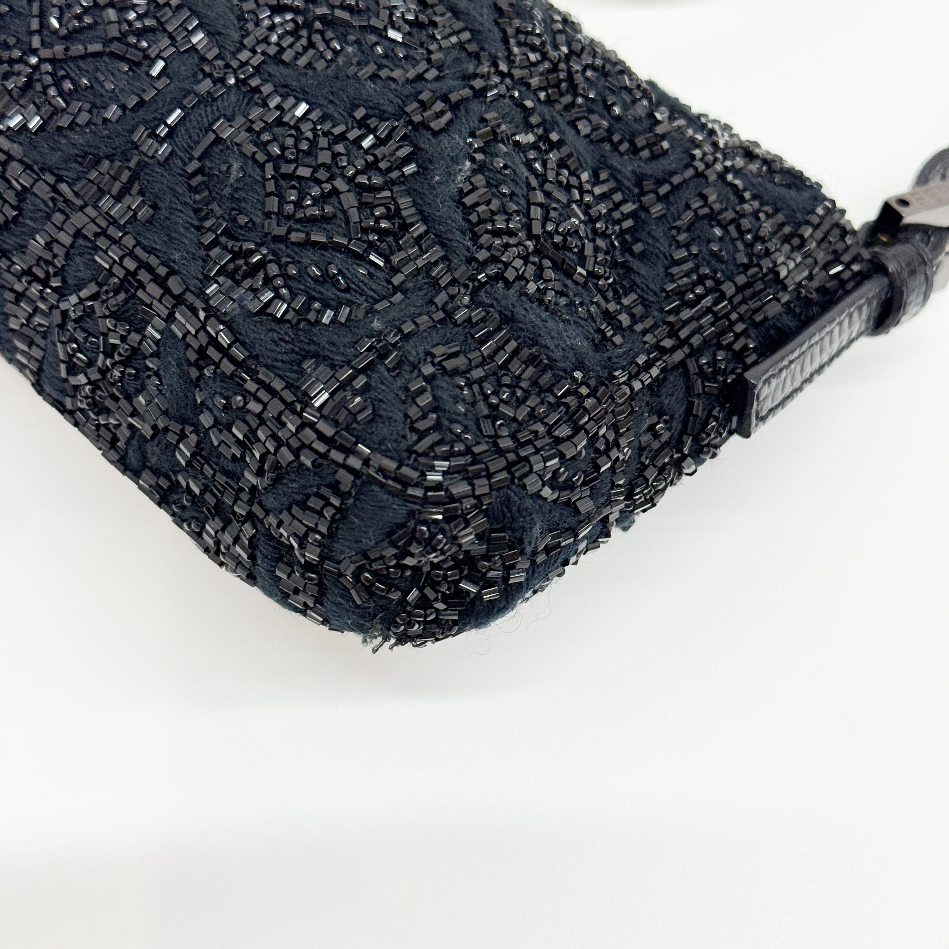 Mini Baguette Rhinestone Hardware Black Beaded Shoulder Bag