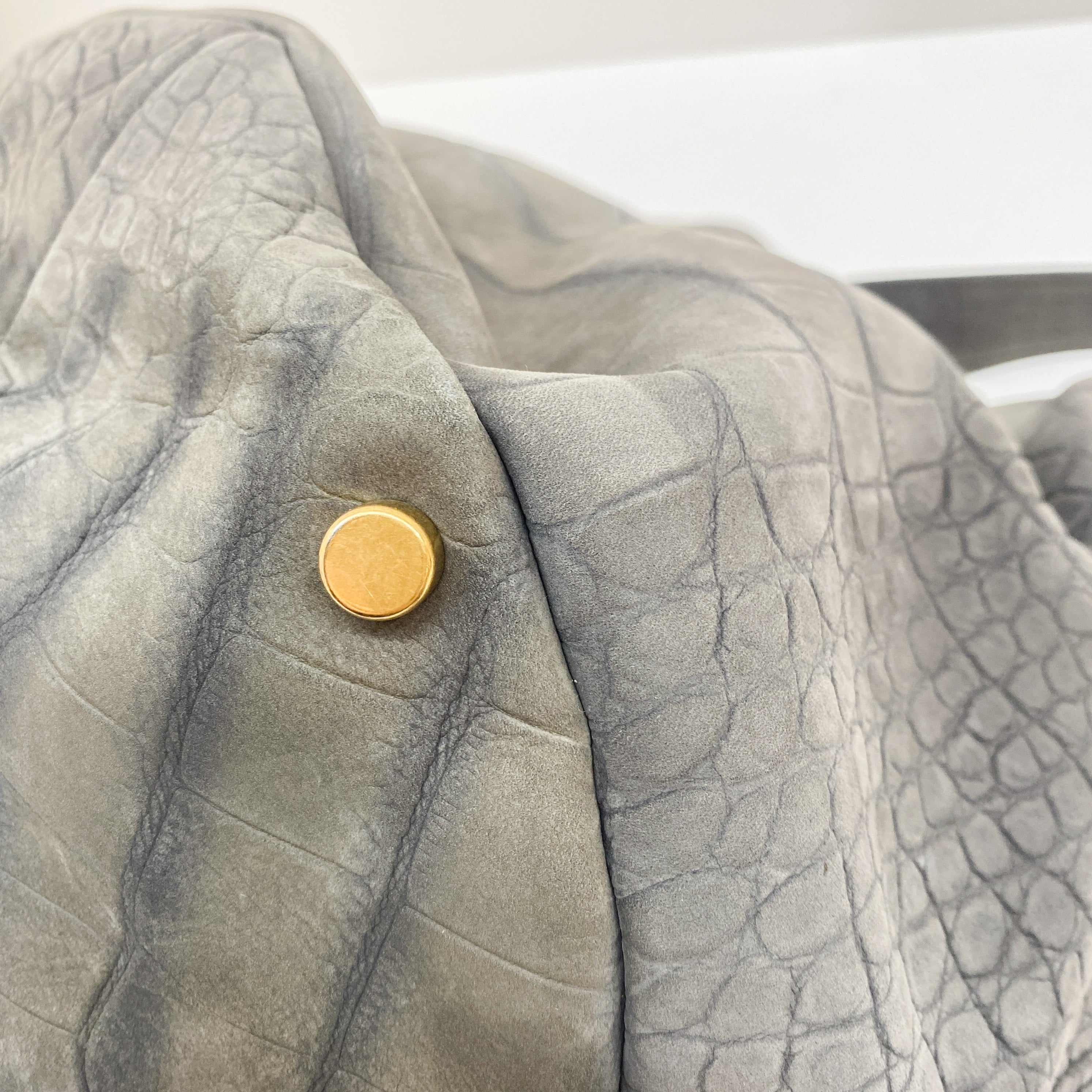 Grey Crocodile Embossed Nubuck Leather Hobo Bag