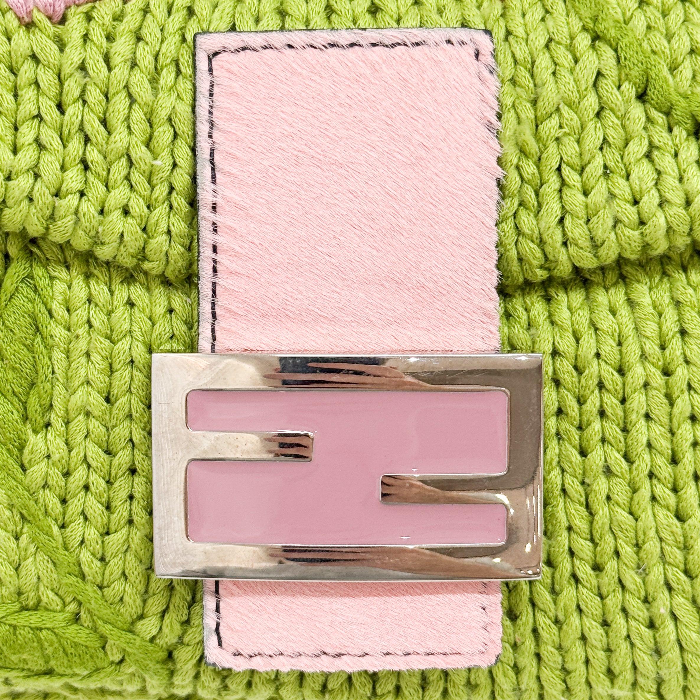 Baguette Green and Pink Crochet and Pony Hair Shoulder Bag