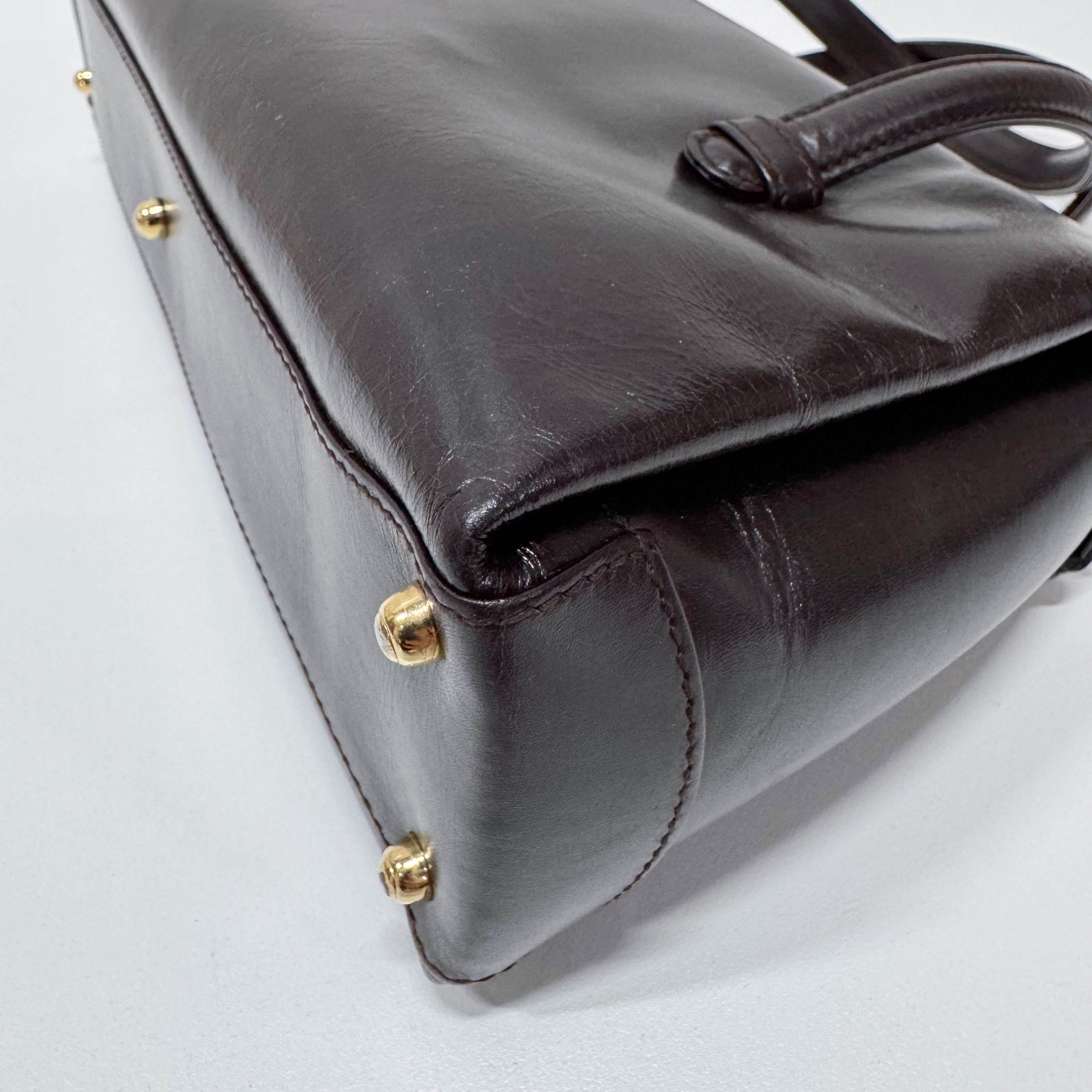 G Buckle Top Brown Leather Handbag