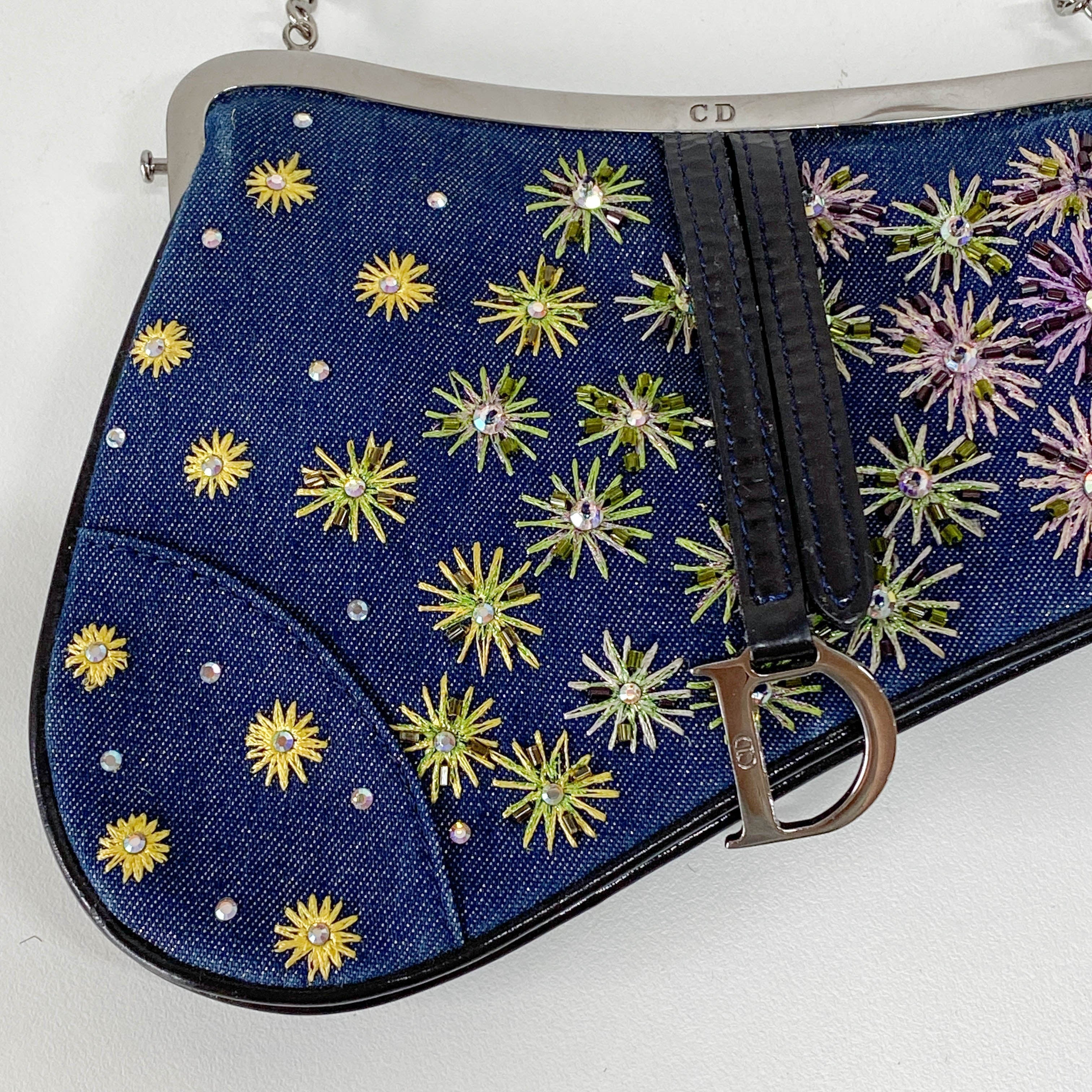 Saddle Denim Bead Embroidery Mini Chain Handle Bag