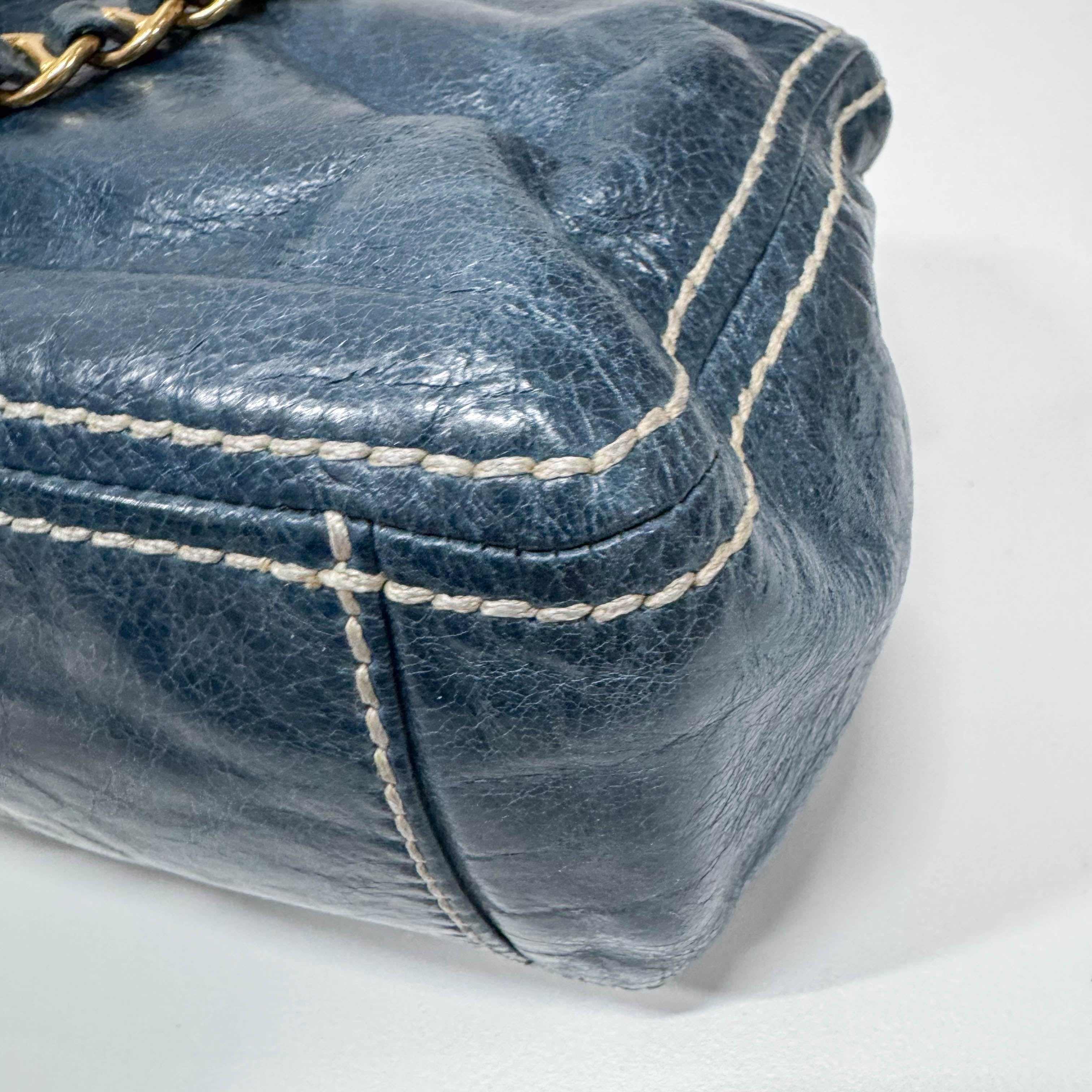 Blue Calfskin Leather Shoulder Bag