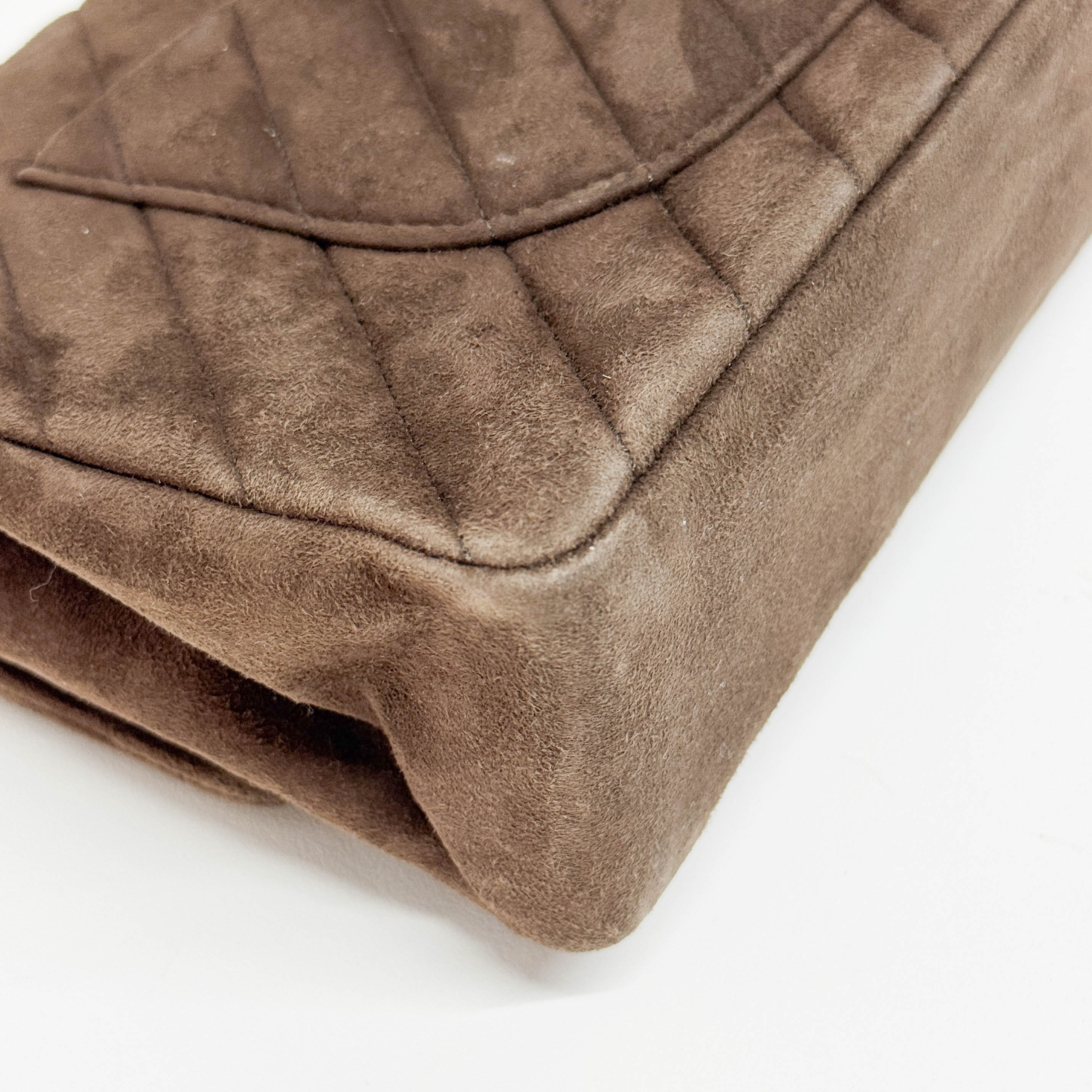 Double Flap Brown V Stitch Suede Double Chain Shoulder Bag