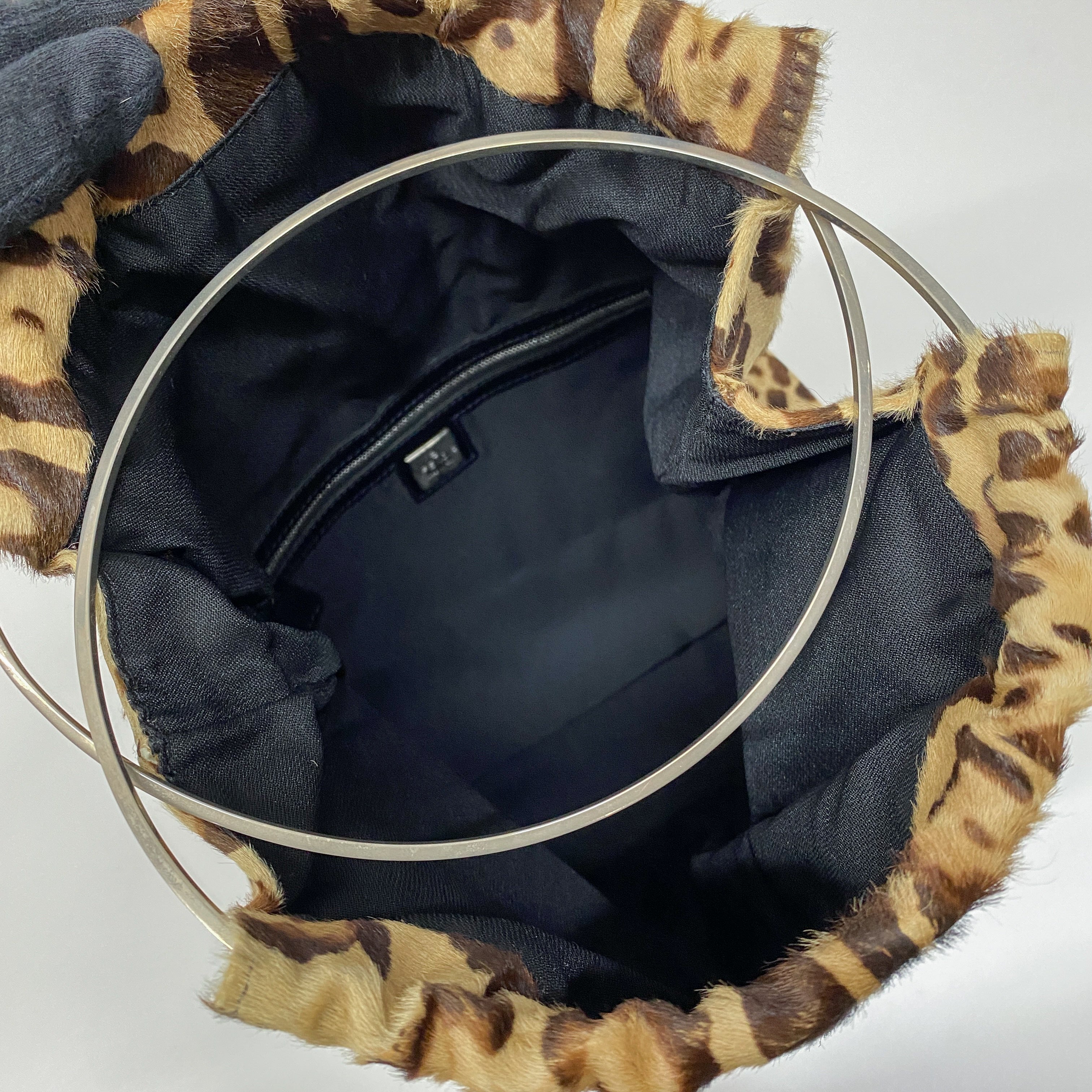 Brown Leopard Print Pony Hair Ring Handle Tote Bag