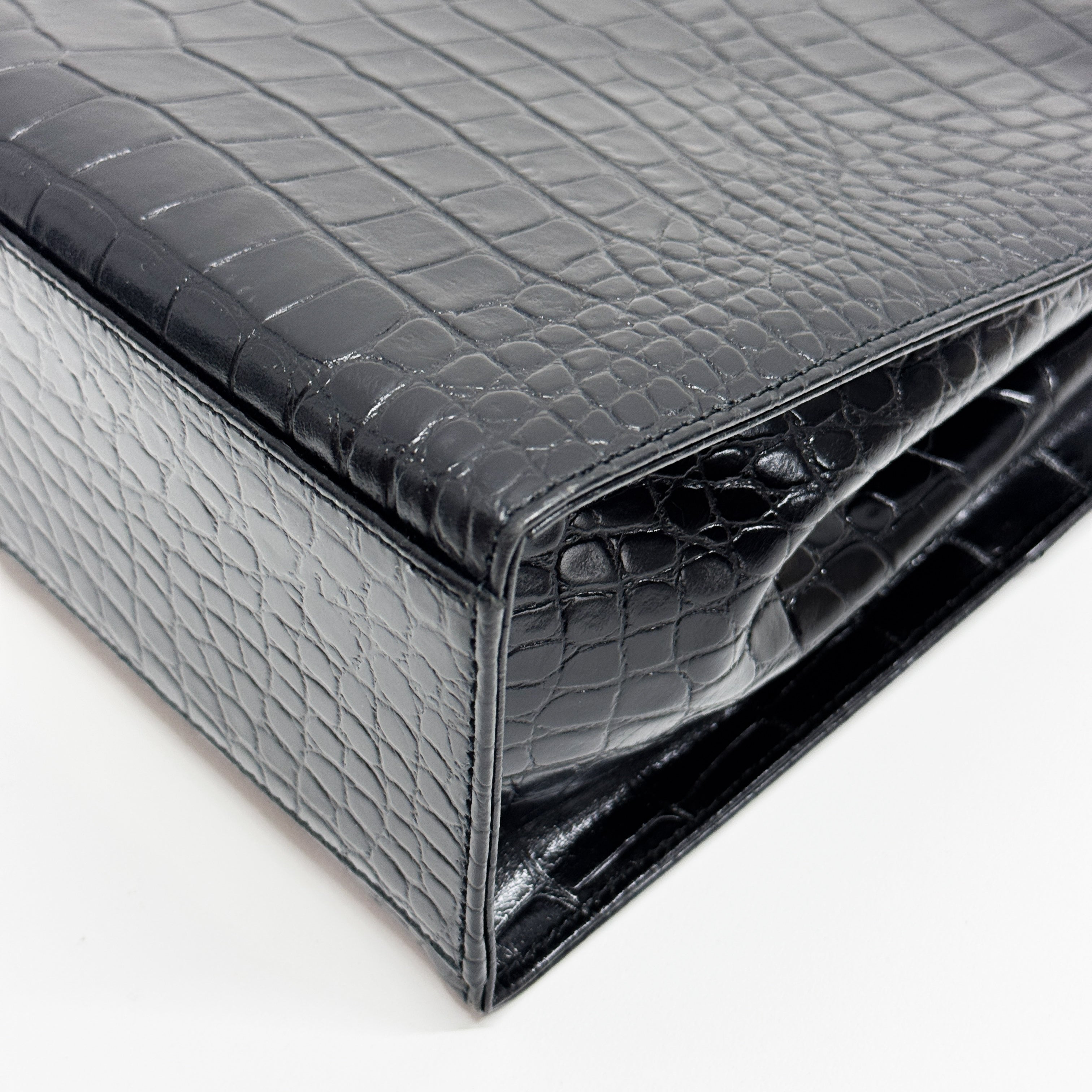 Black Croc Embossed Leather Handbag