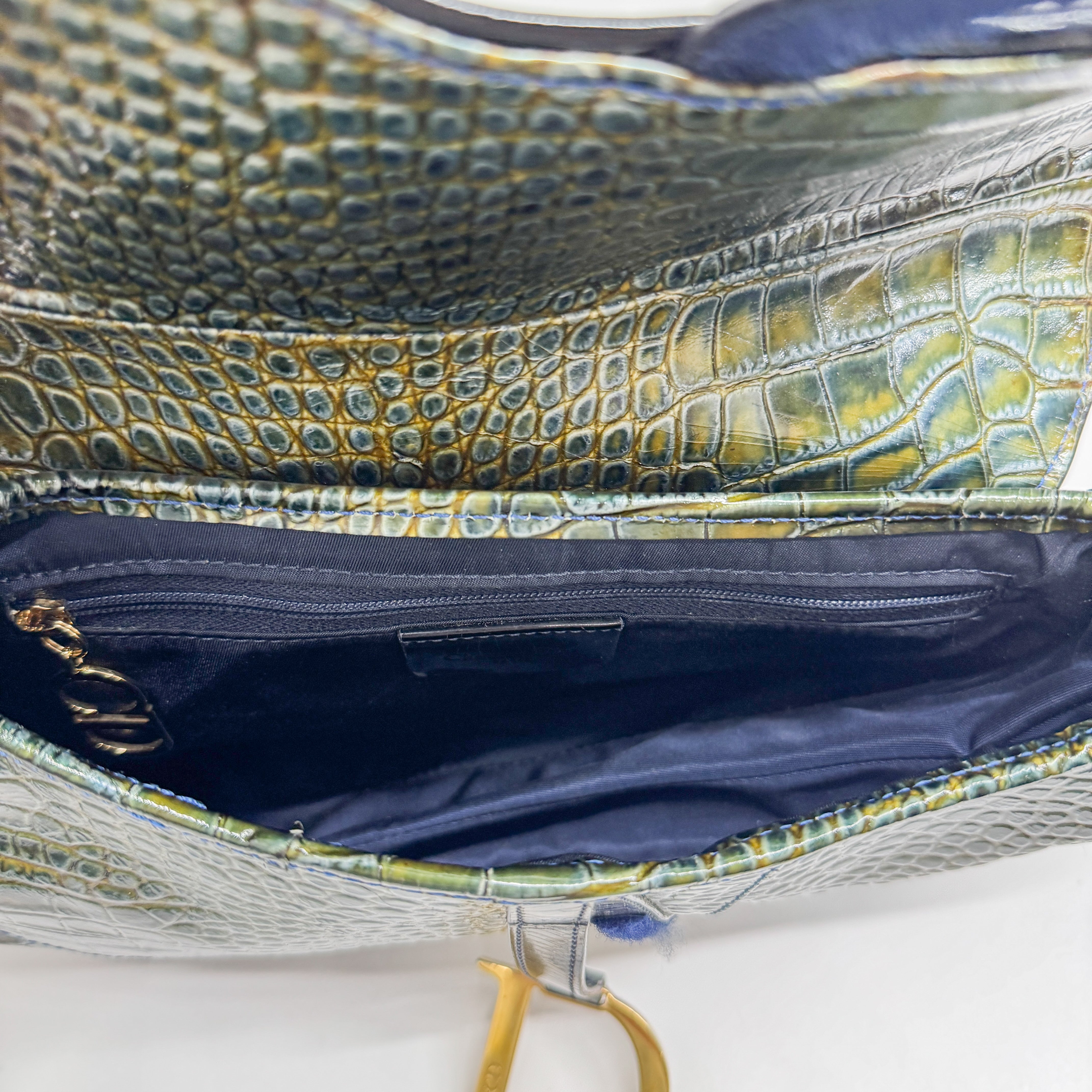 Saddle Olive-Brown Crocodile Embossed Leather Shoulder Bag