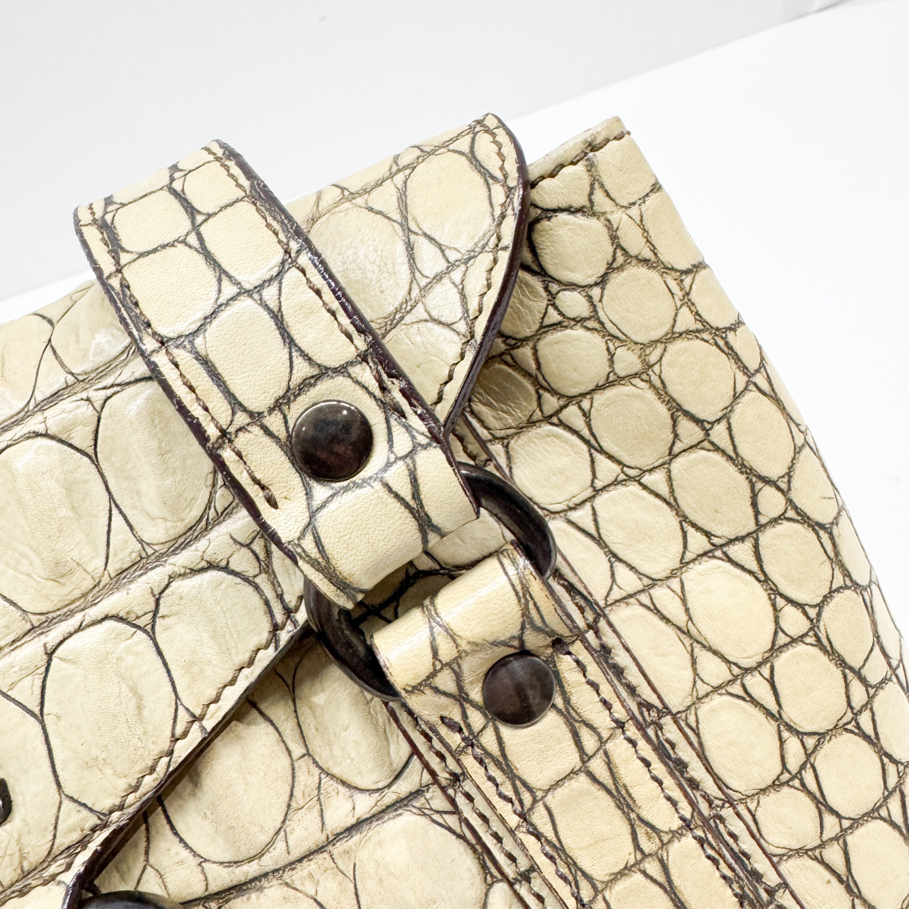 Vintage Beige Croc Embossed Leather Shoulder Bag
