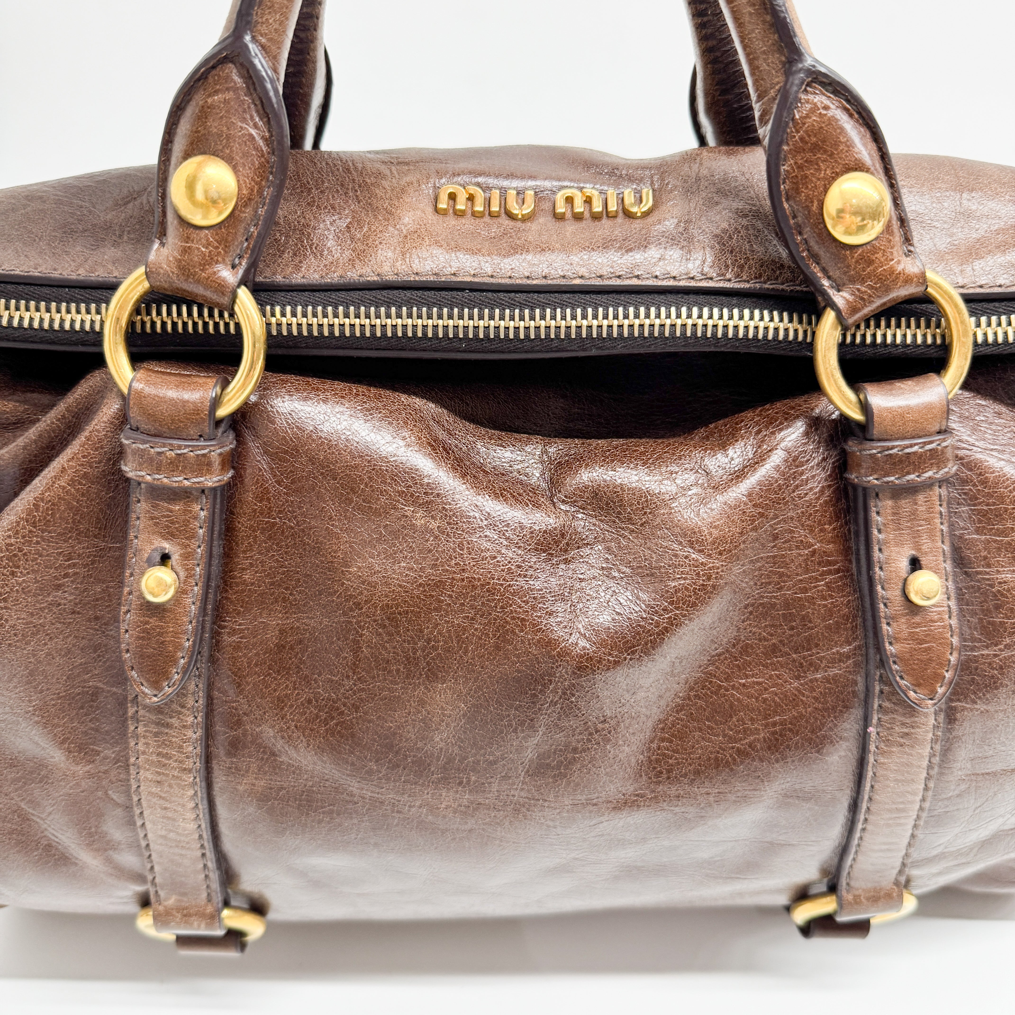 Vitello Lux Bow Brown Calfskin Leather Hand Bag