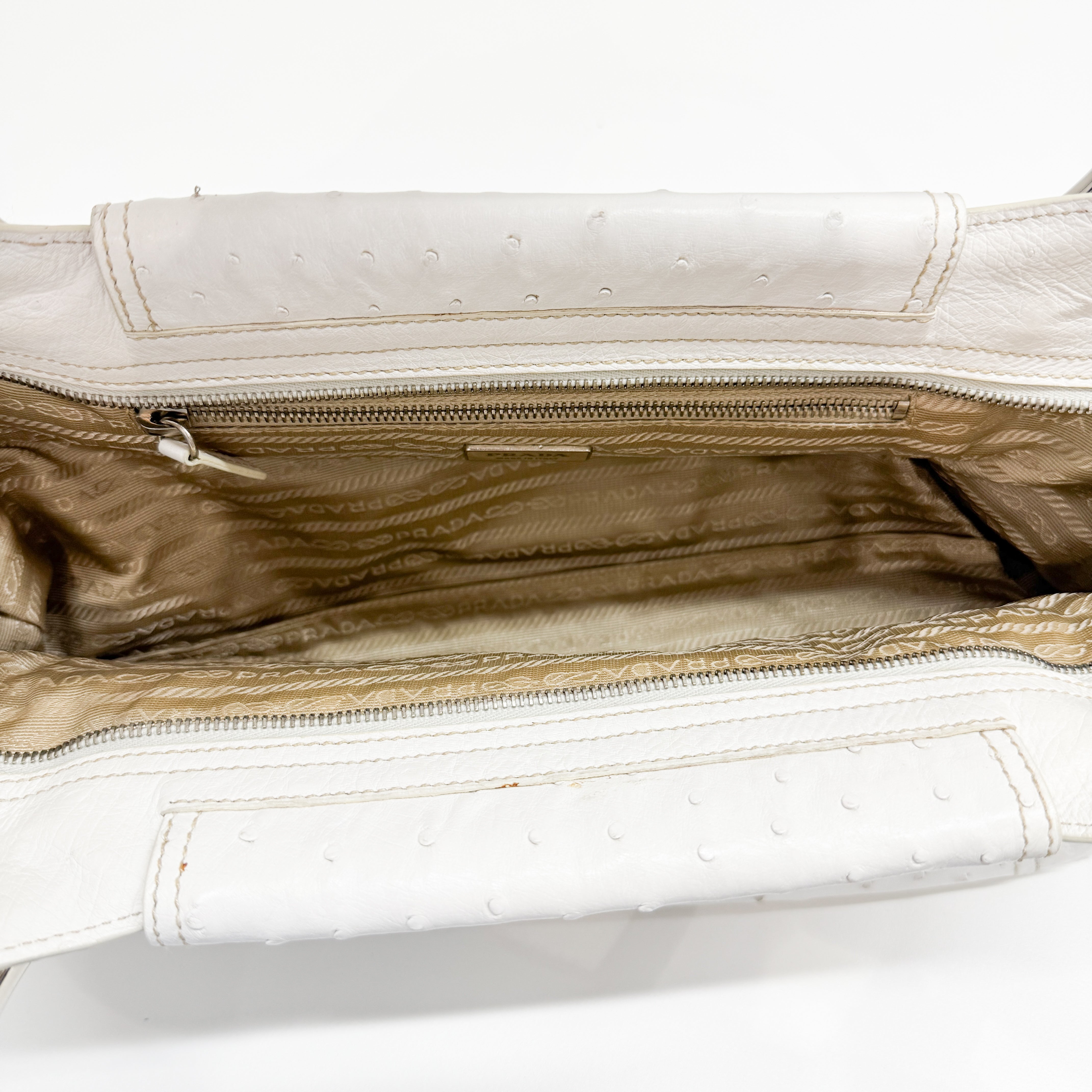 White Ostrich Embossed Leather Shoulder Bag