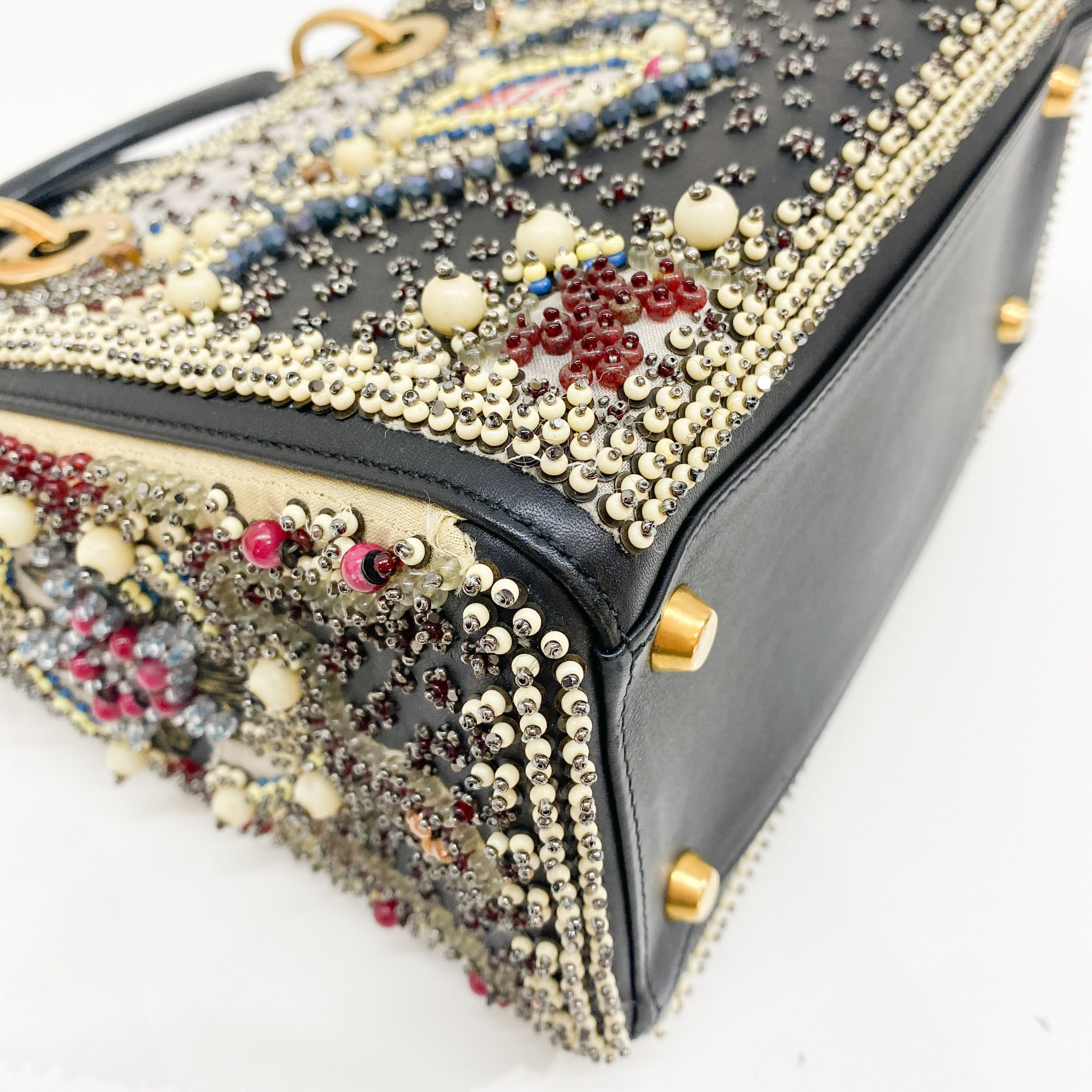 Lady Dior Black Leather Embroided Beads Bag