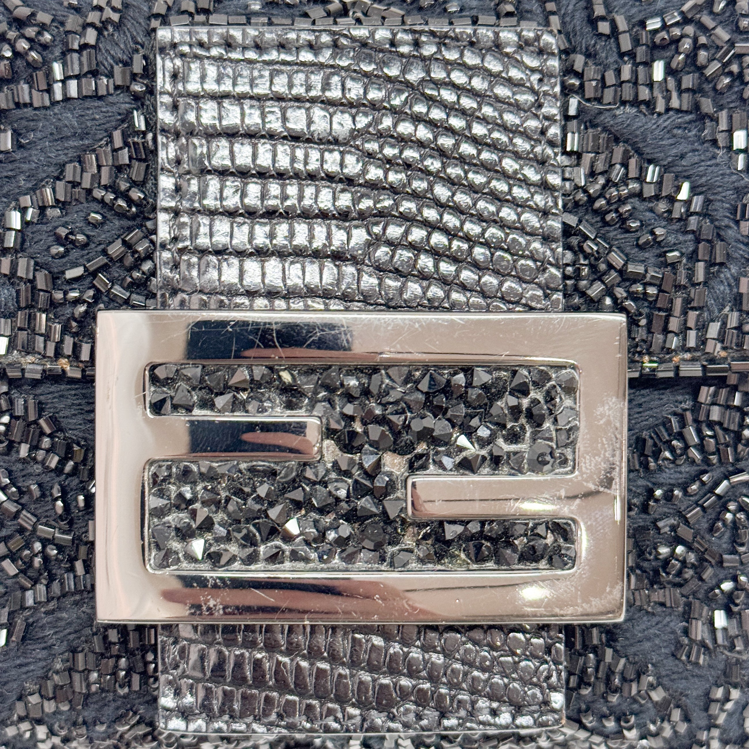 Mini Baguette Rhinestone Hardware Black Beaded Shoulder Bag