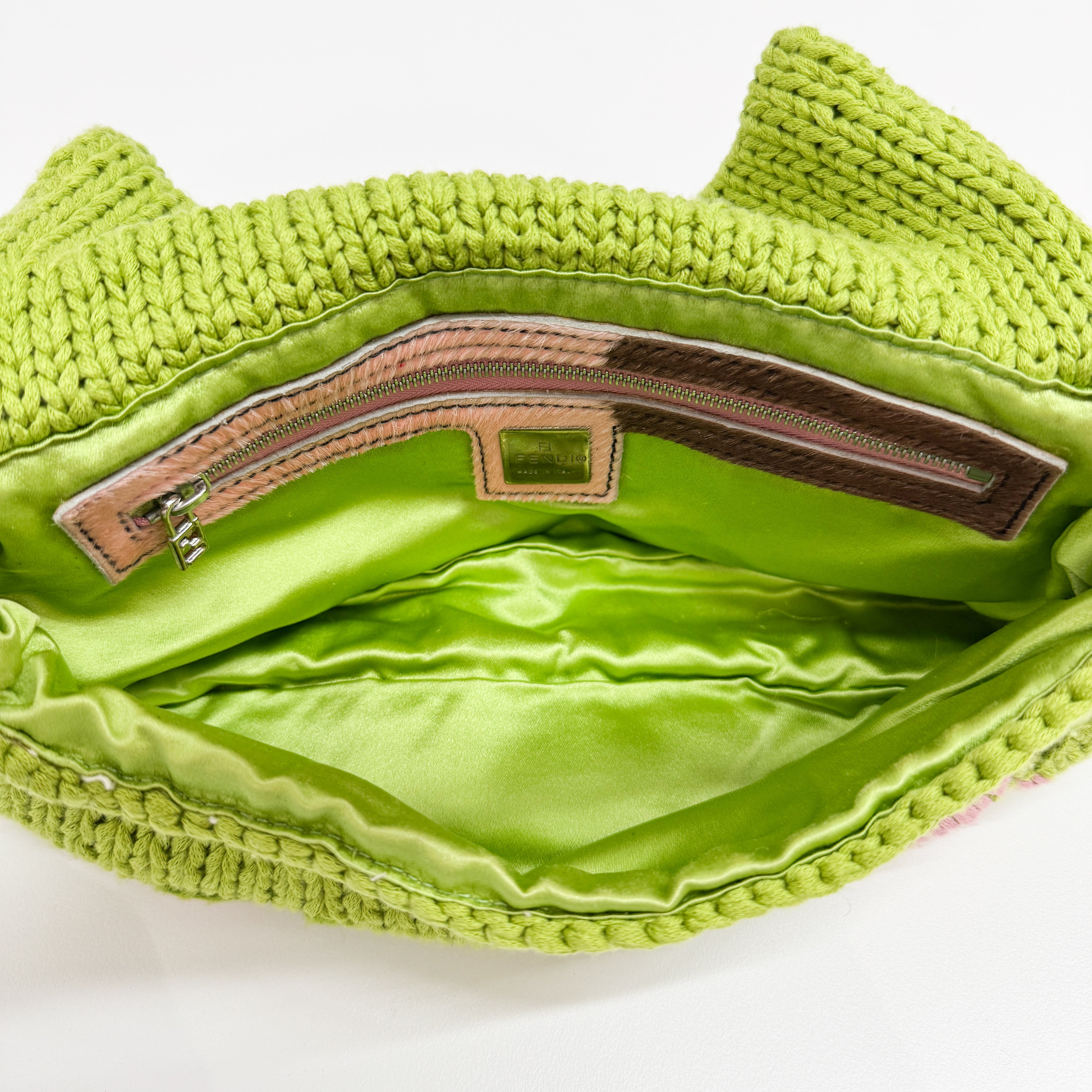 Baguette Green and Pink Crochet and Pony Hair Shoulder Bag