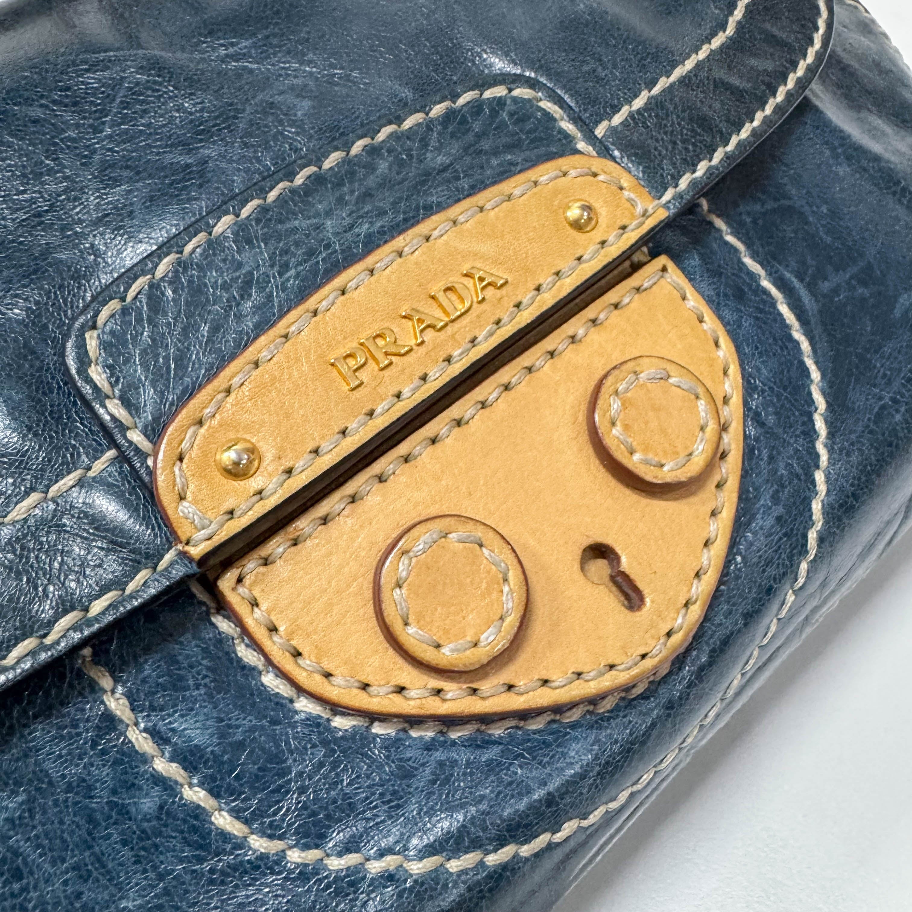 Blue Calfskin Leather Shoulder Bag