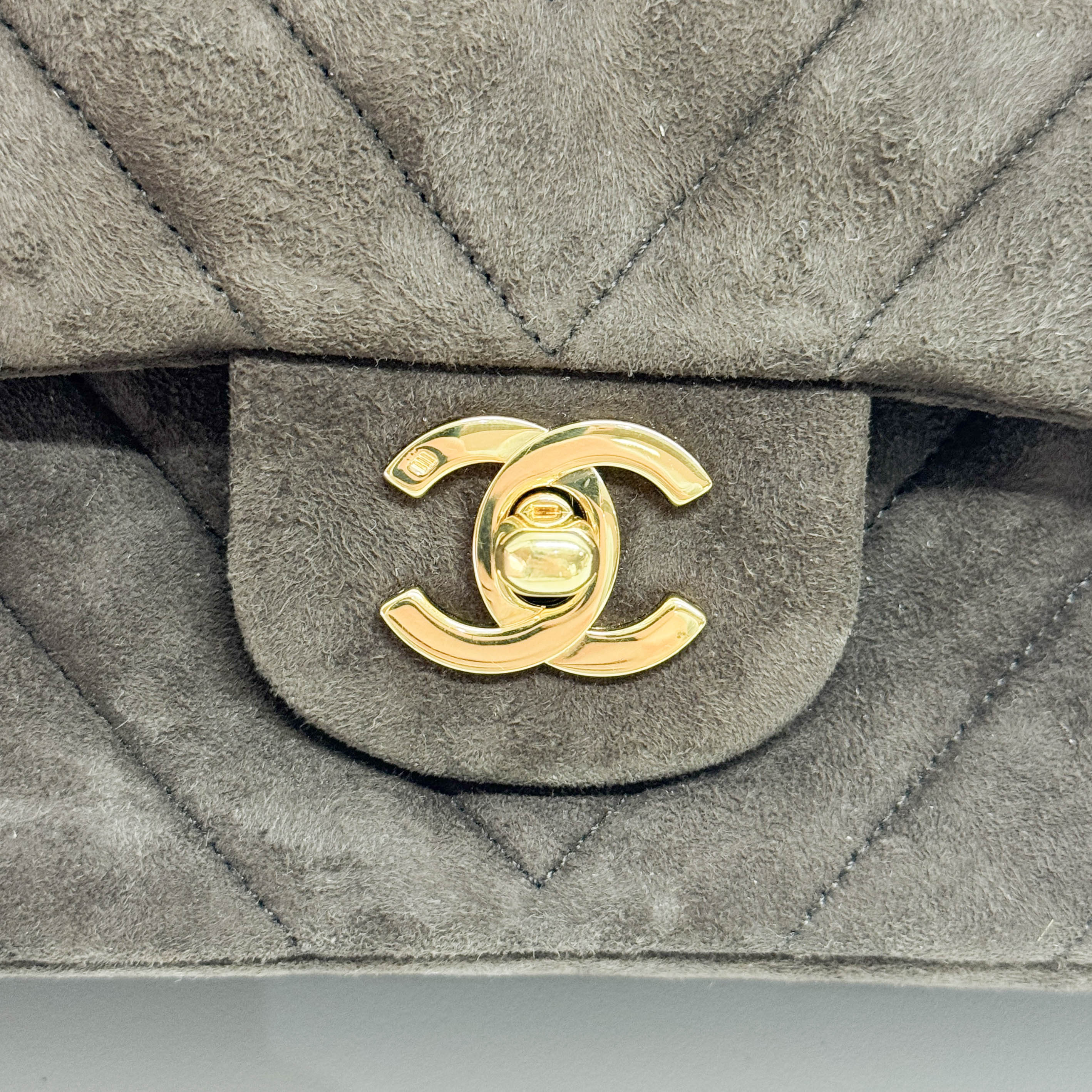 Double Flap Brown V Stitch Suede Double Chain Shoulder Bag