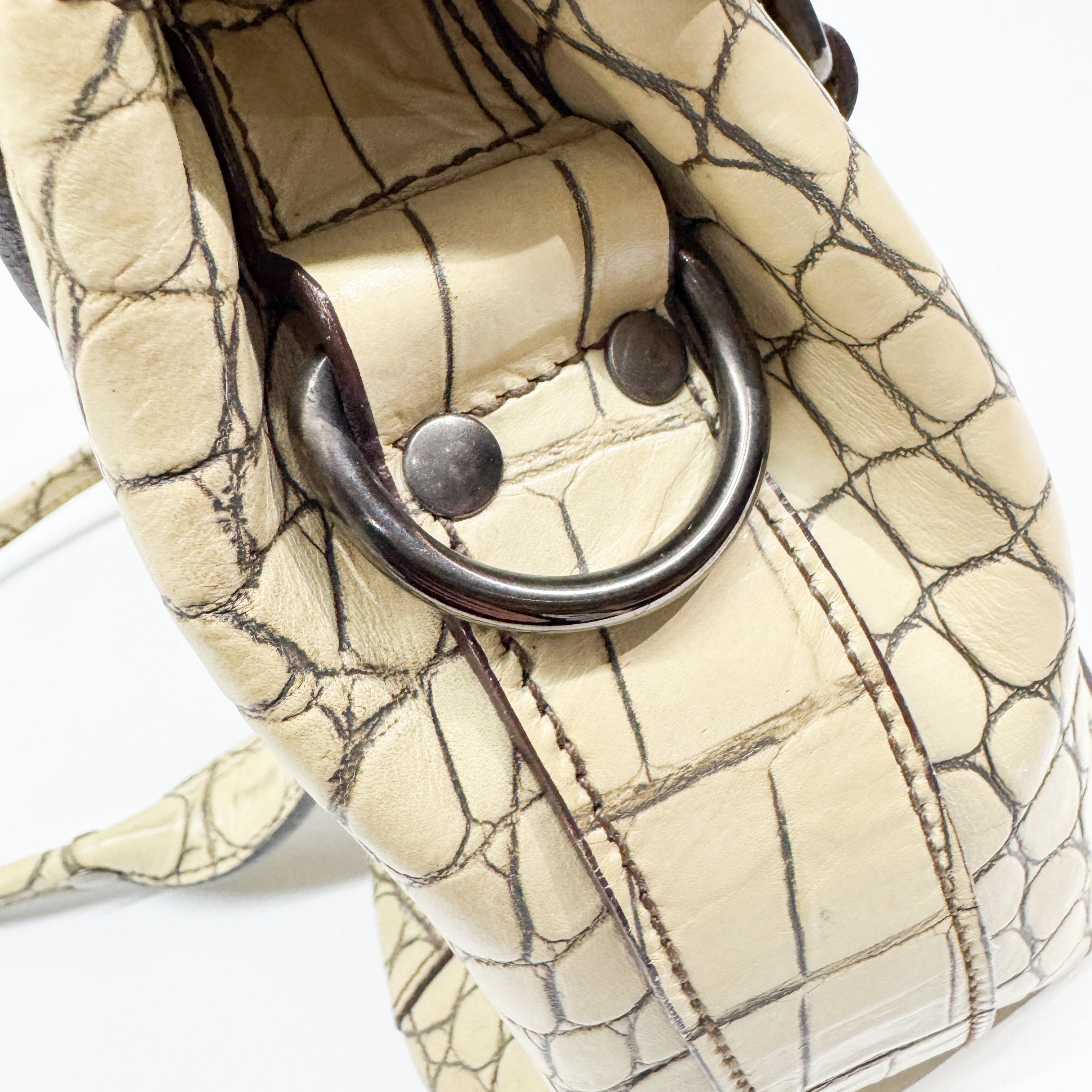 Vintage Beige Croc Embossed Leather Shoulder Bag
