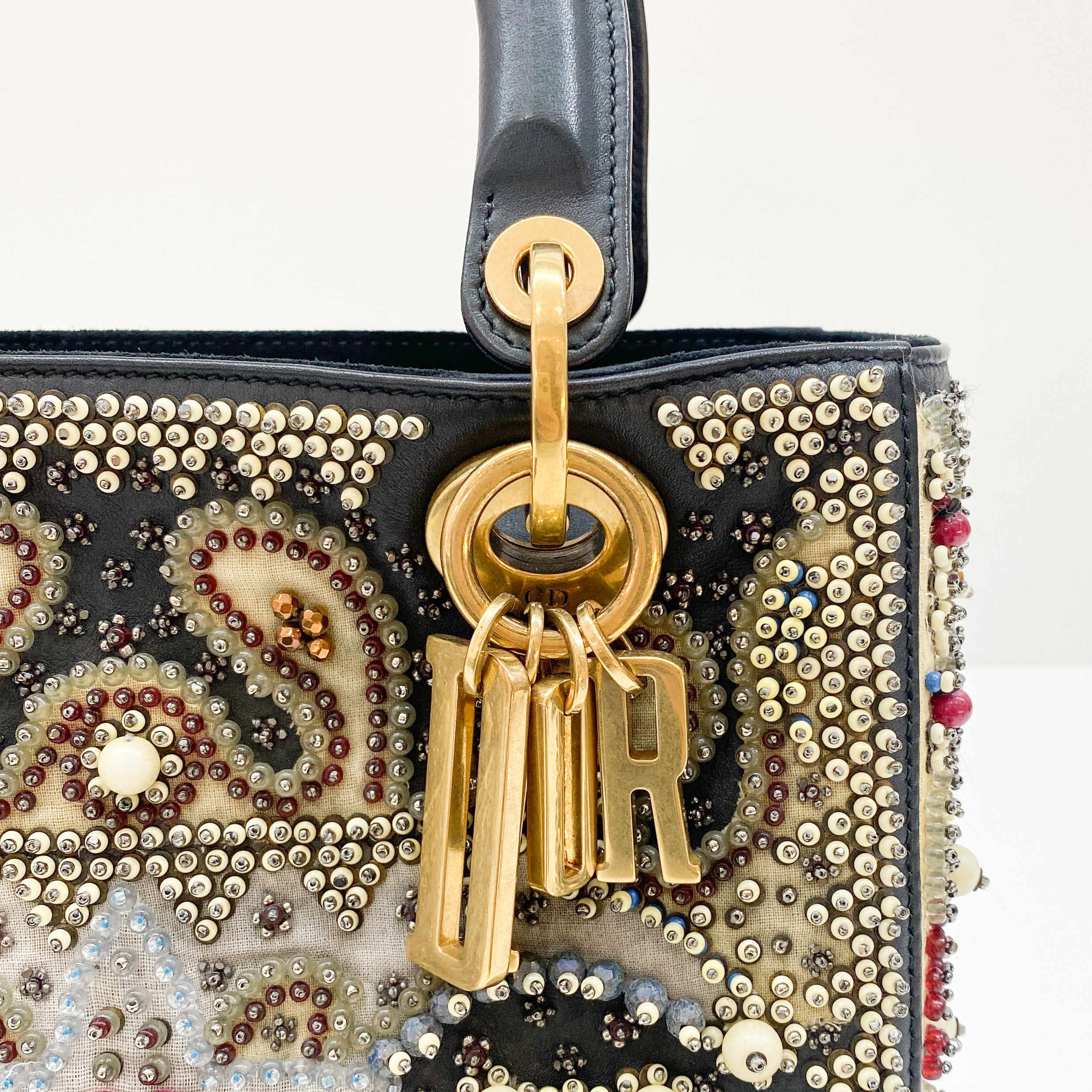 Lady Dior Black Leather Embroided Beads Bag
