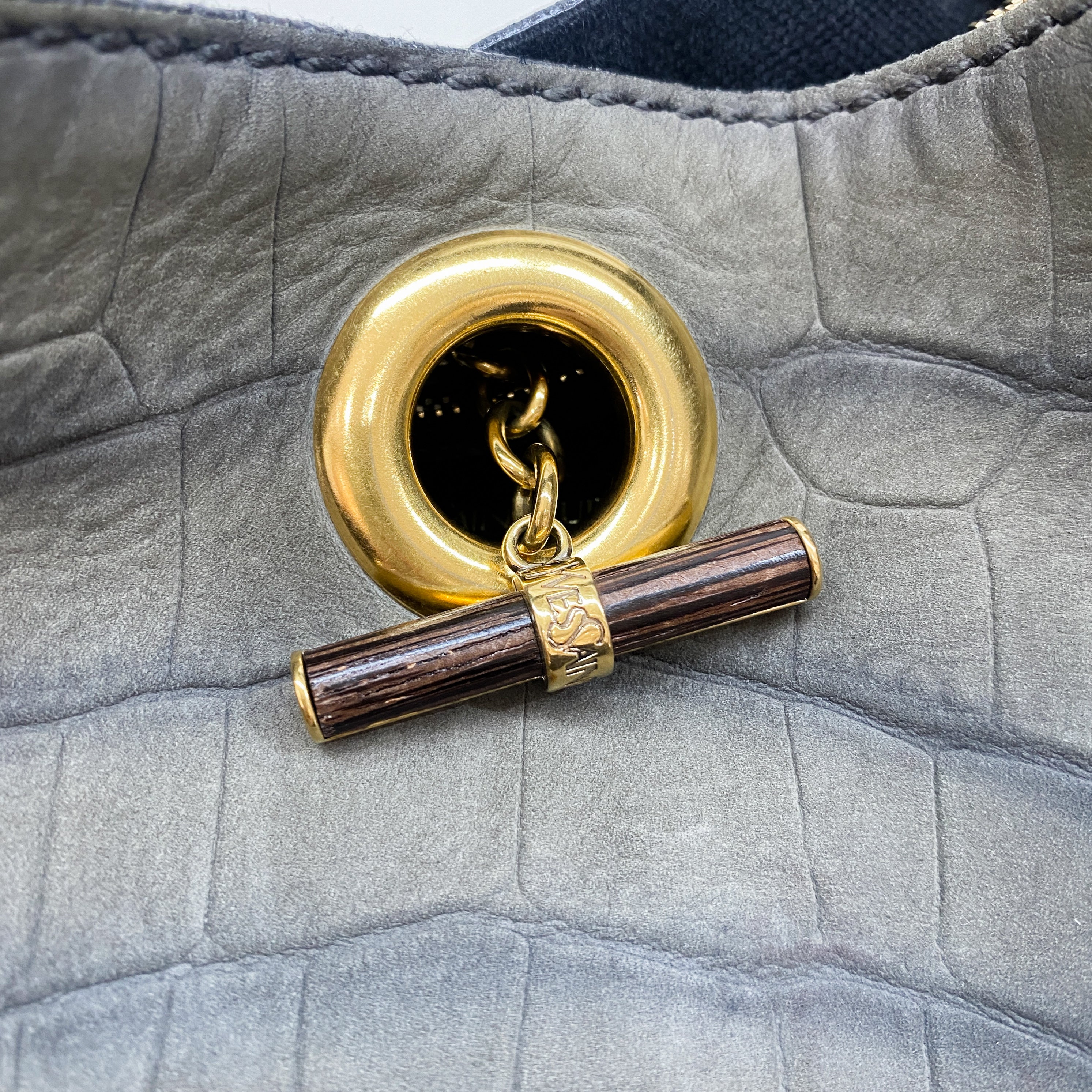 Grey Crocodile Embossed Nubuck Leather Hobo Bag