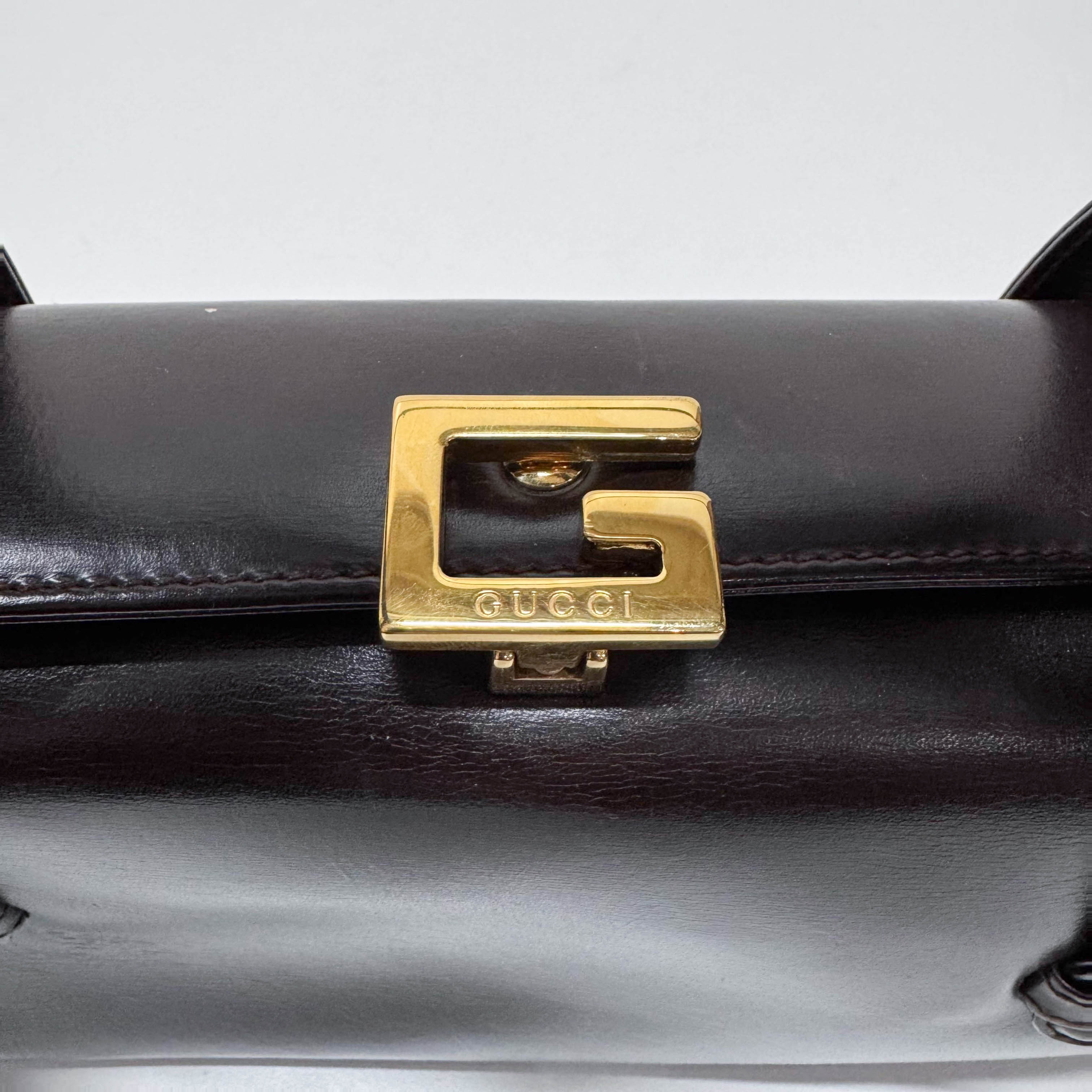 G Buckle Top Brown Leather Handbag