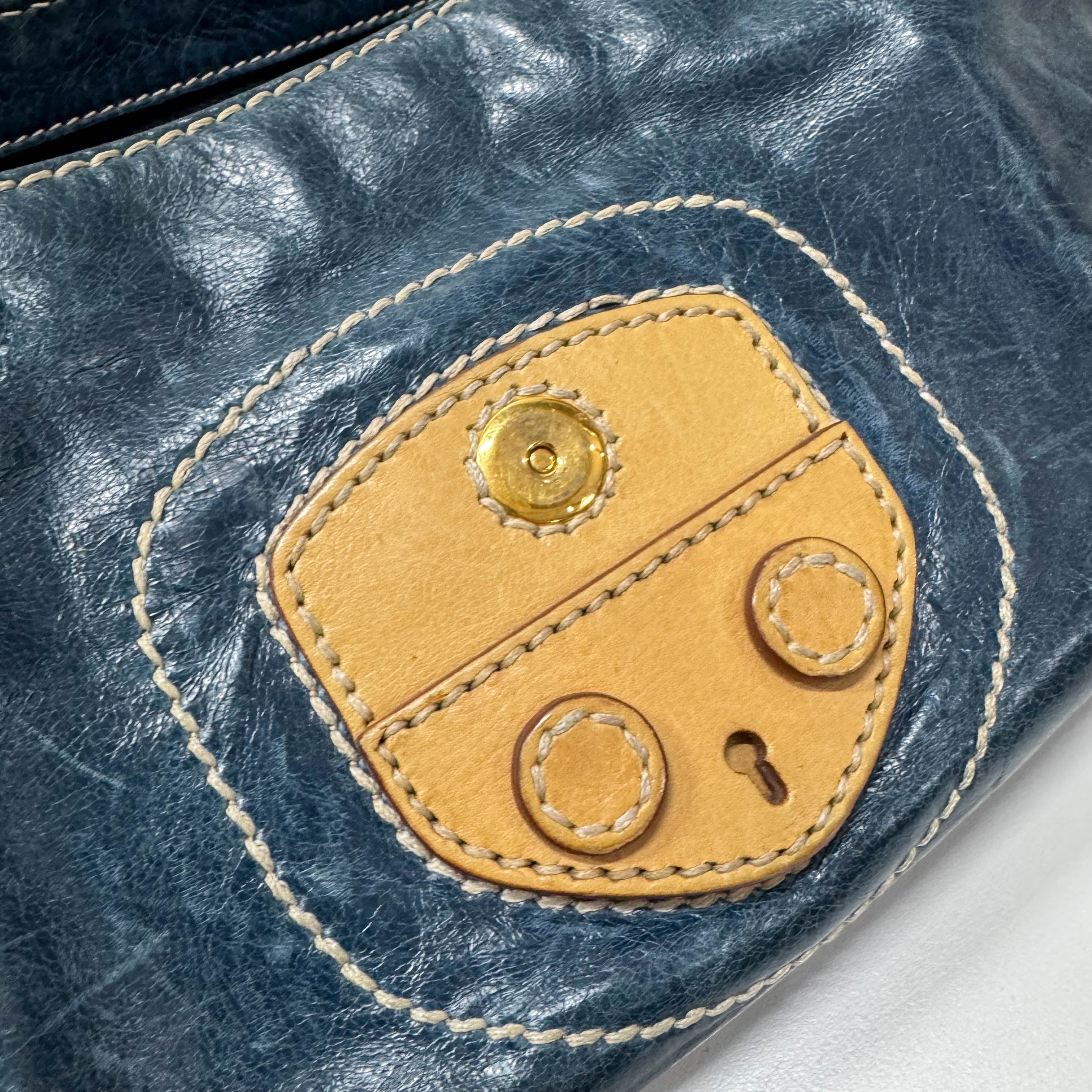 Blue Calfskin Leather Shoulder Bag