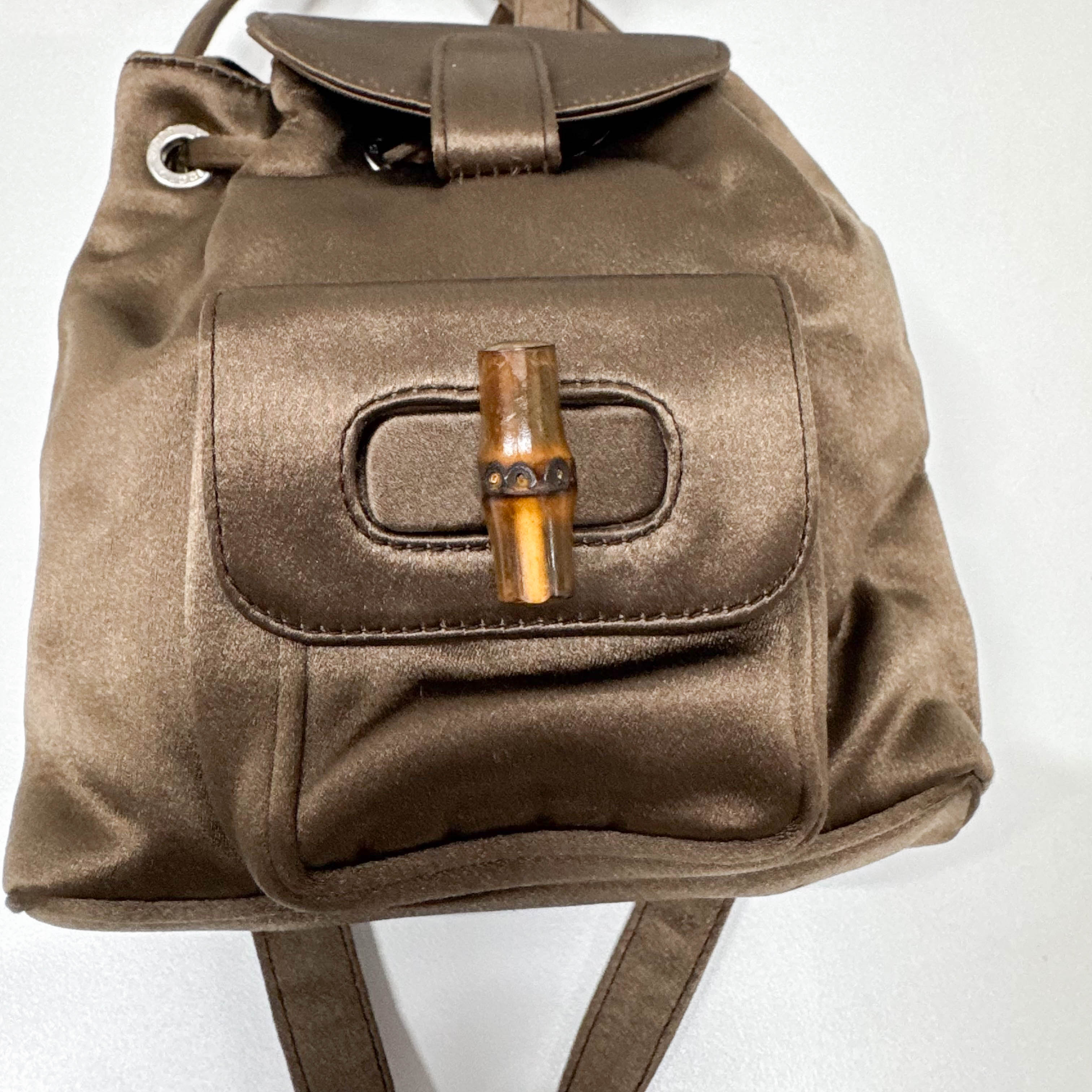 Mini Brown Satin Bamboo Turn-Lock Backpack