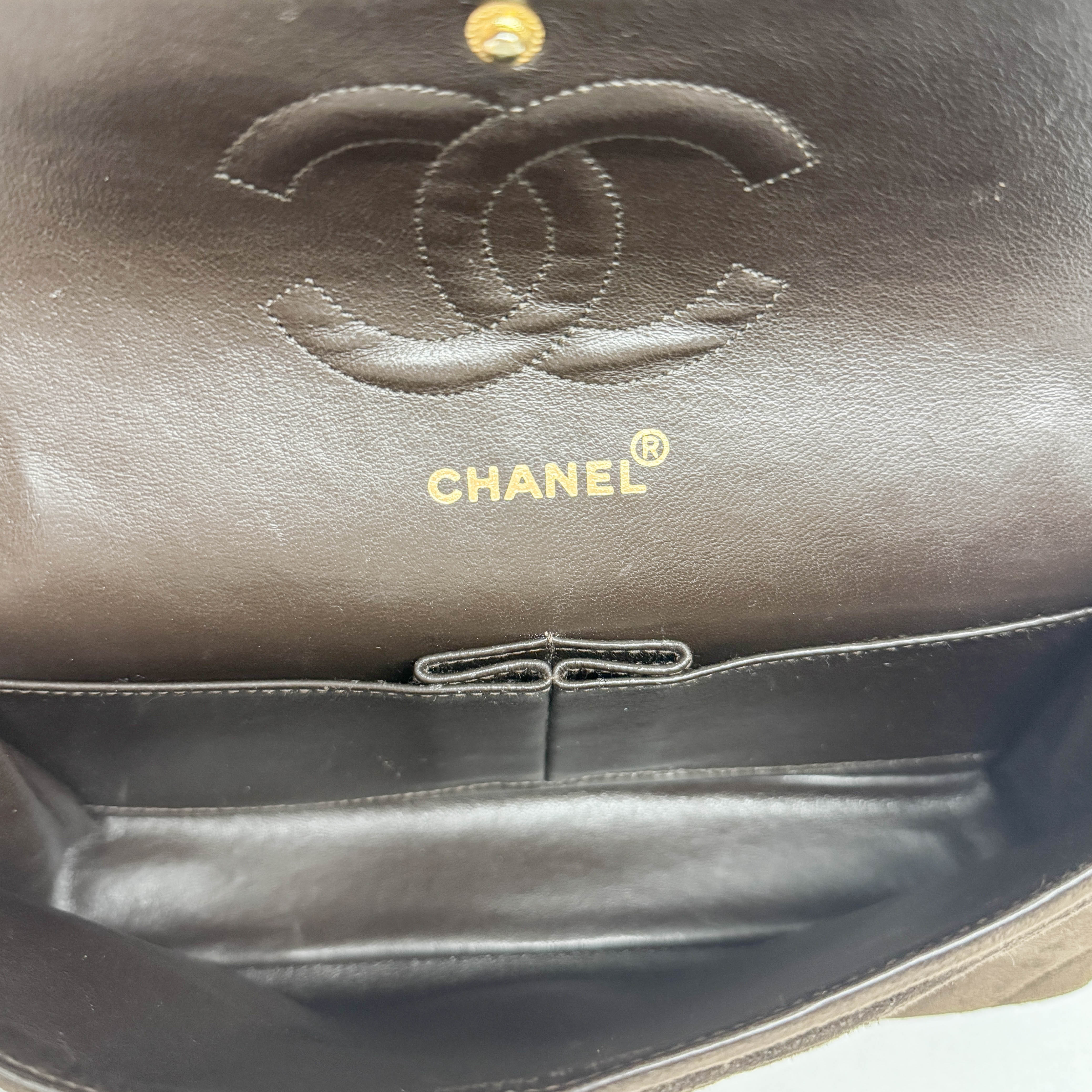 Double Flap Brown V Stitch Suede Double Chain Shoulder Bag