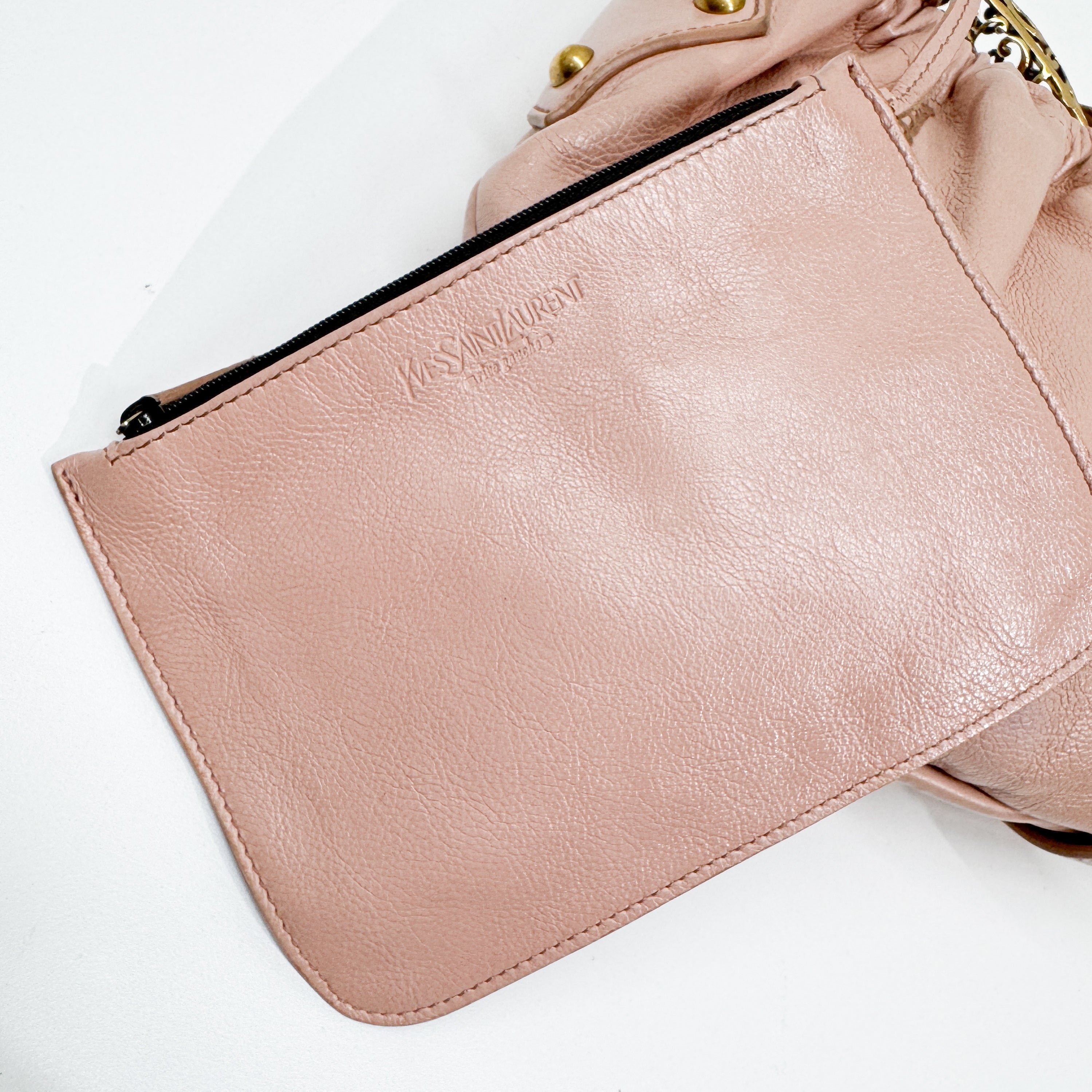 Vintage Pink Leather Shoulder Bag with Baroque Metal Handle