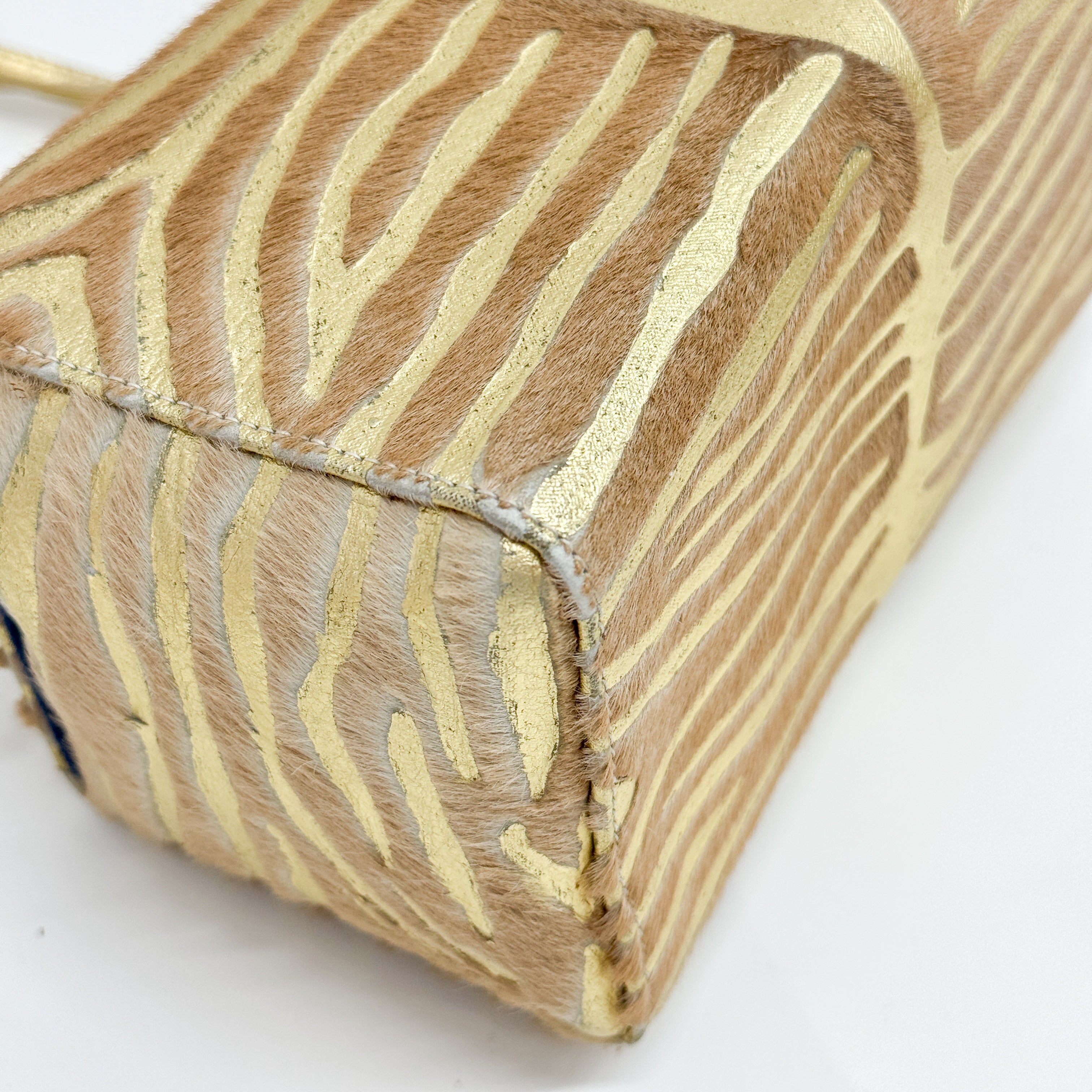 Mamma Baguette Gold Zebra Striped Pink Pony Hair Box Bag