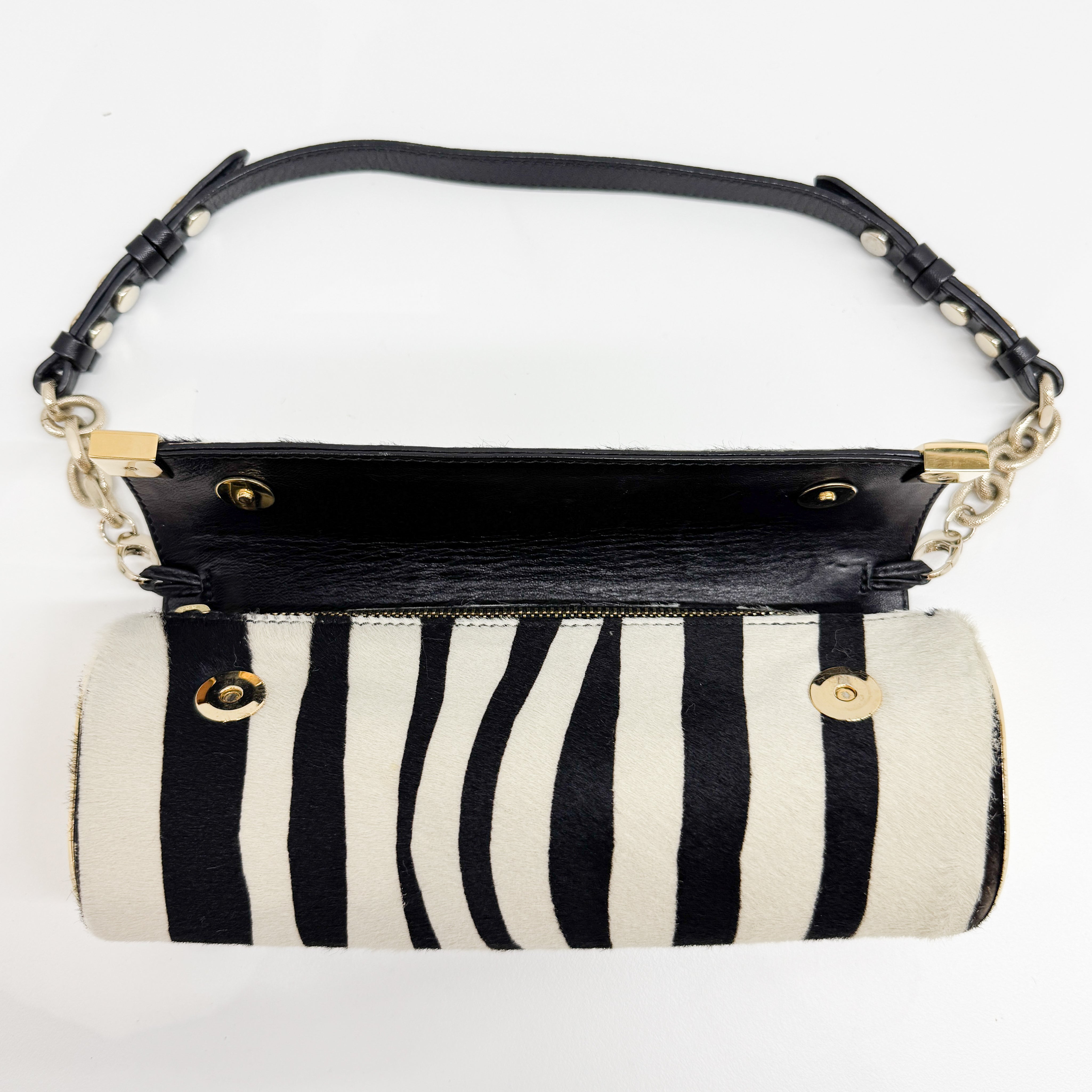 Vintage Black and White Studded Zebra Print Shoulder Bag