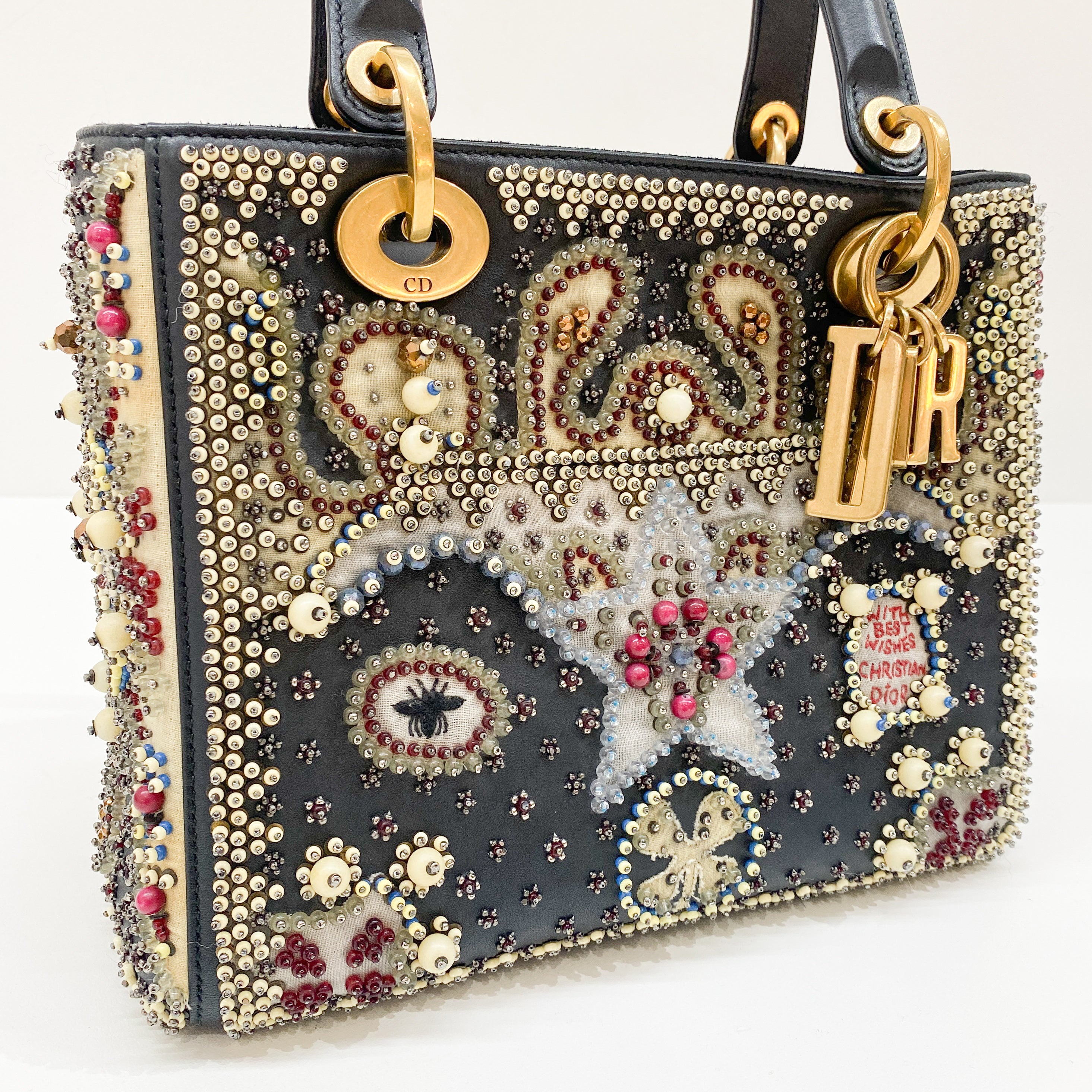 Lady Dior Black Leather Embroided Beads Bag