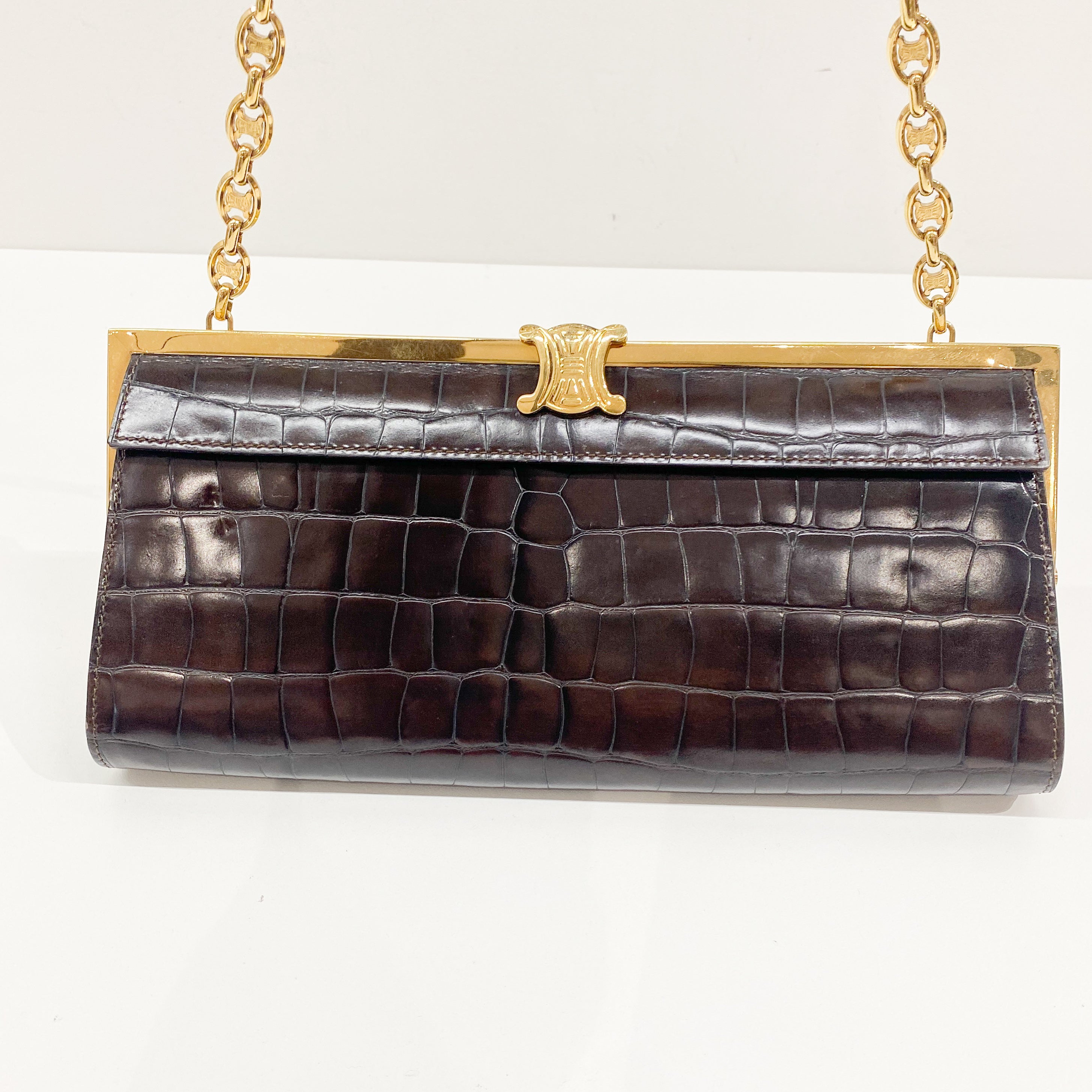 Macadam Brown Croc Chain Shoulder Bag