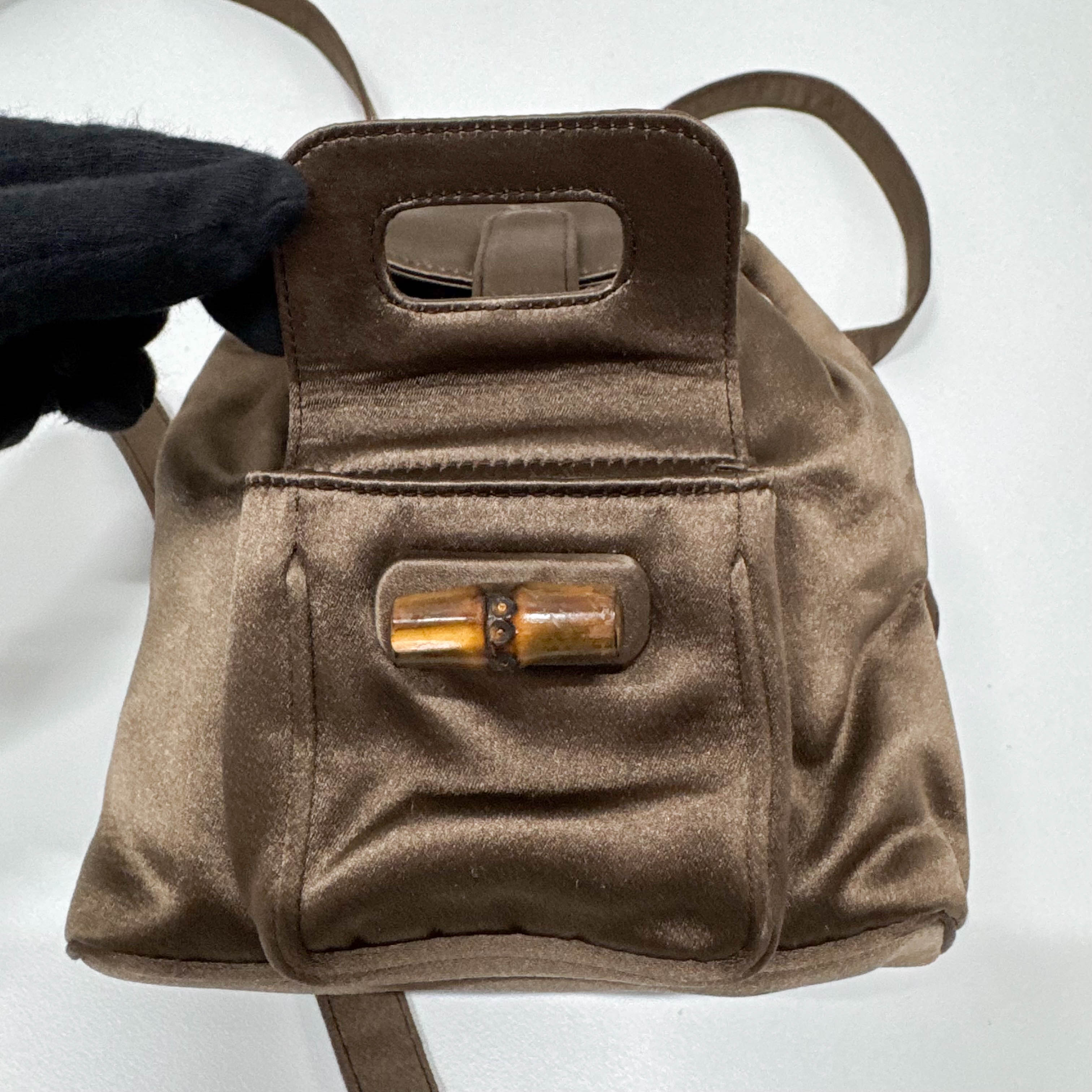 Mini Brown Satin Bamboo Turn-Lock Backpack
