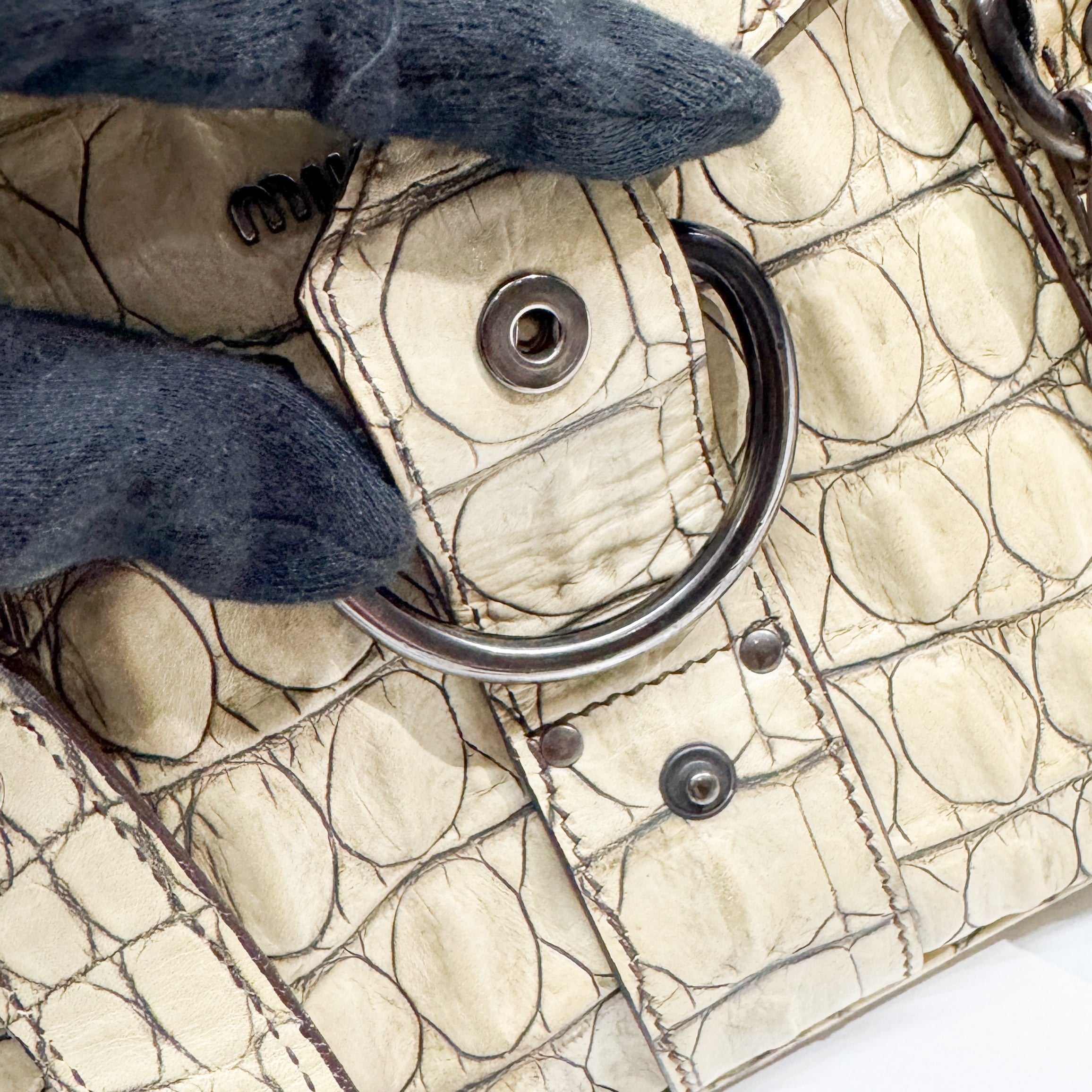 Vintage Beige Croc Embossed Leather Shoulder Bag