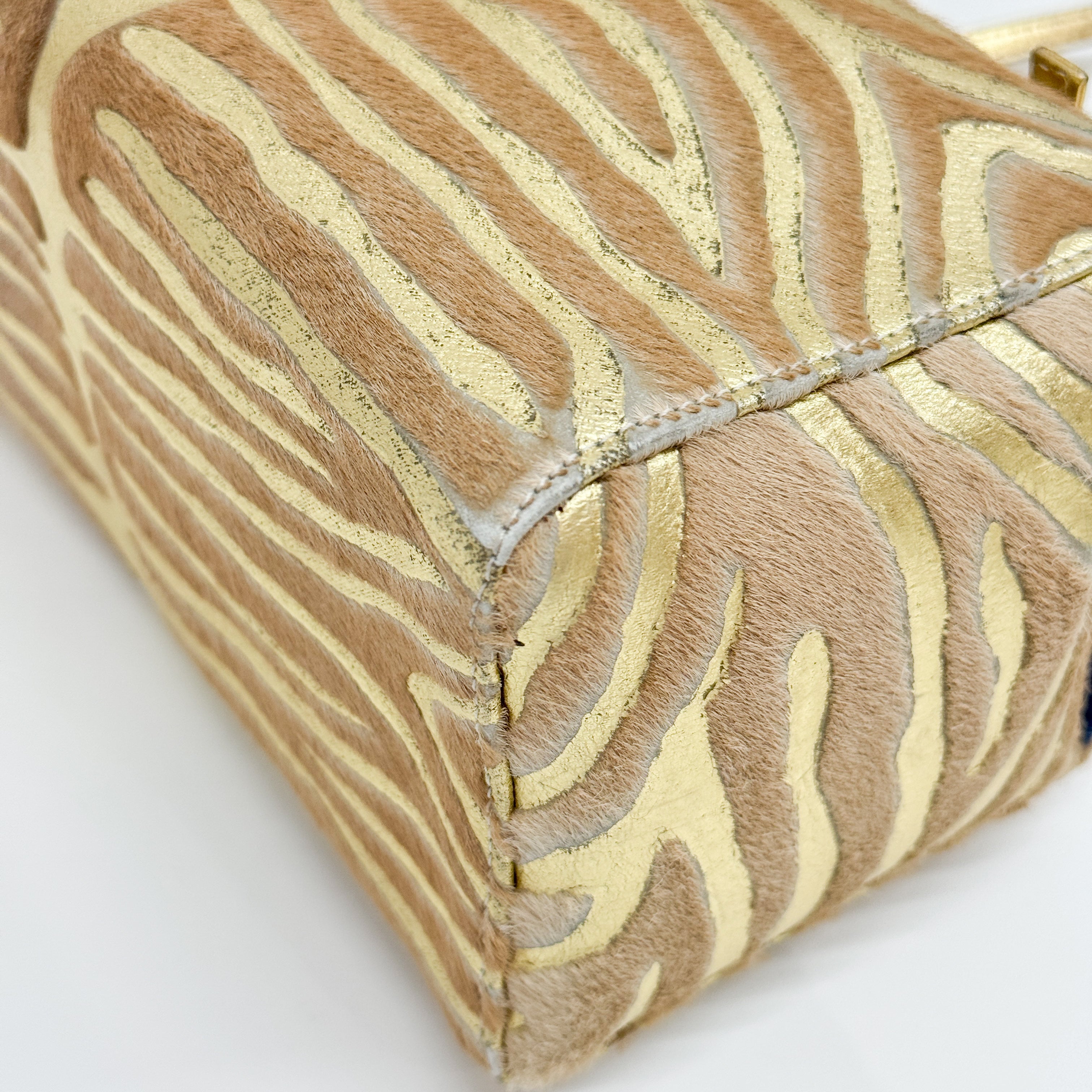 Mamma Baguette Gold Zebra Striped Pink Pony Hair Box Bag
